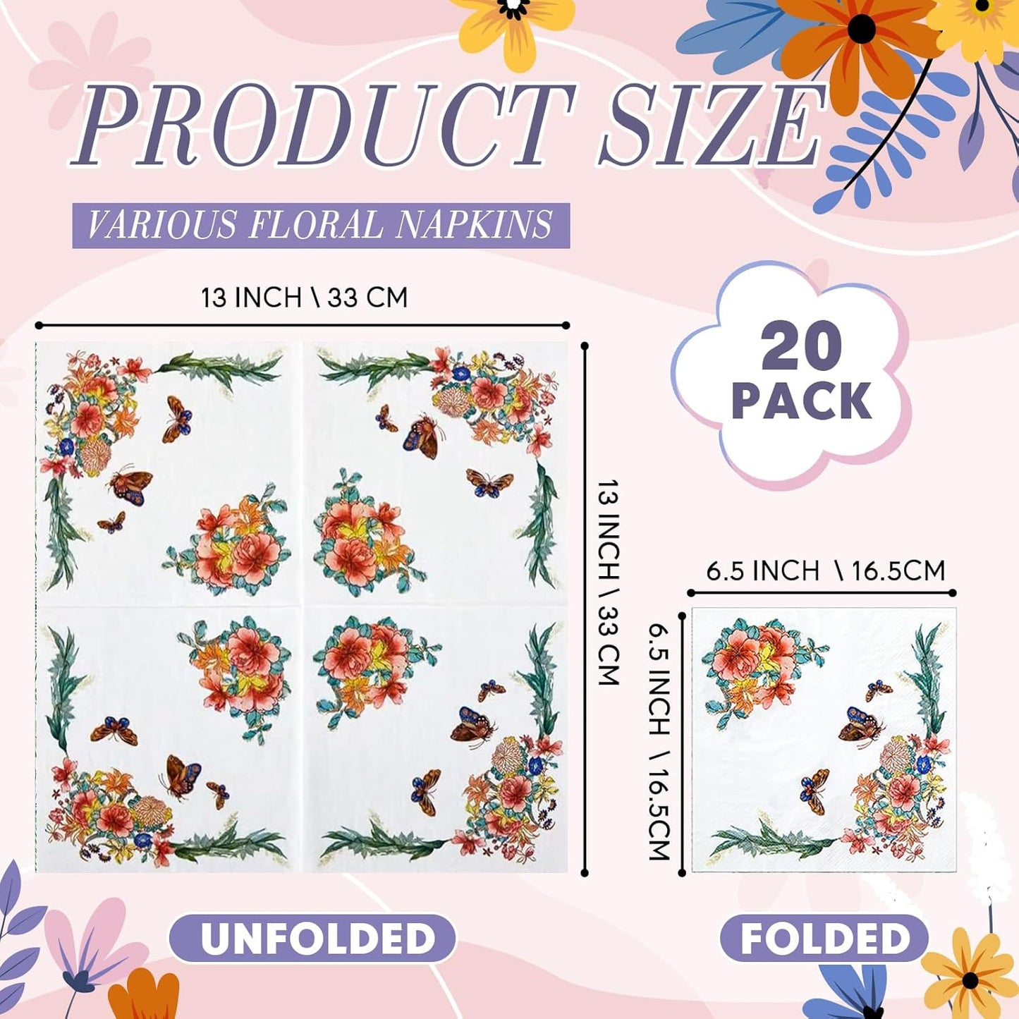 Crtiin 20 Pack Assorted Floral Napkins for Decoupage Toilet Napkins Flower Cocktail Decorative Paper for Birthday Party Beautiful Gorgeous, 20 Styles Each 6.5 inches(Style 1)