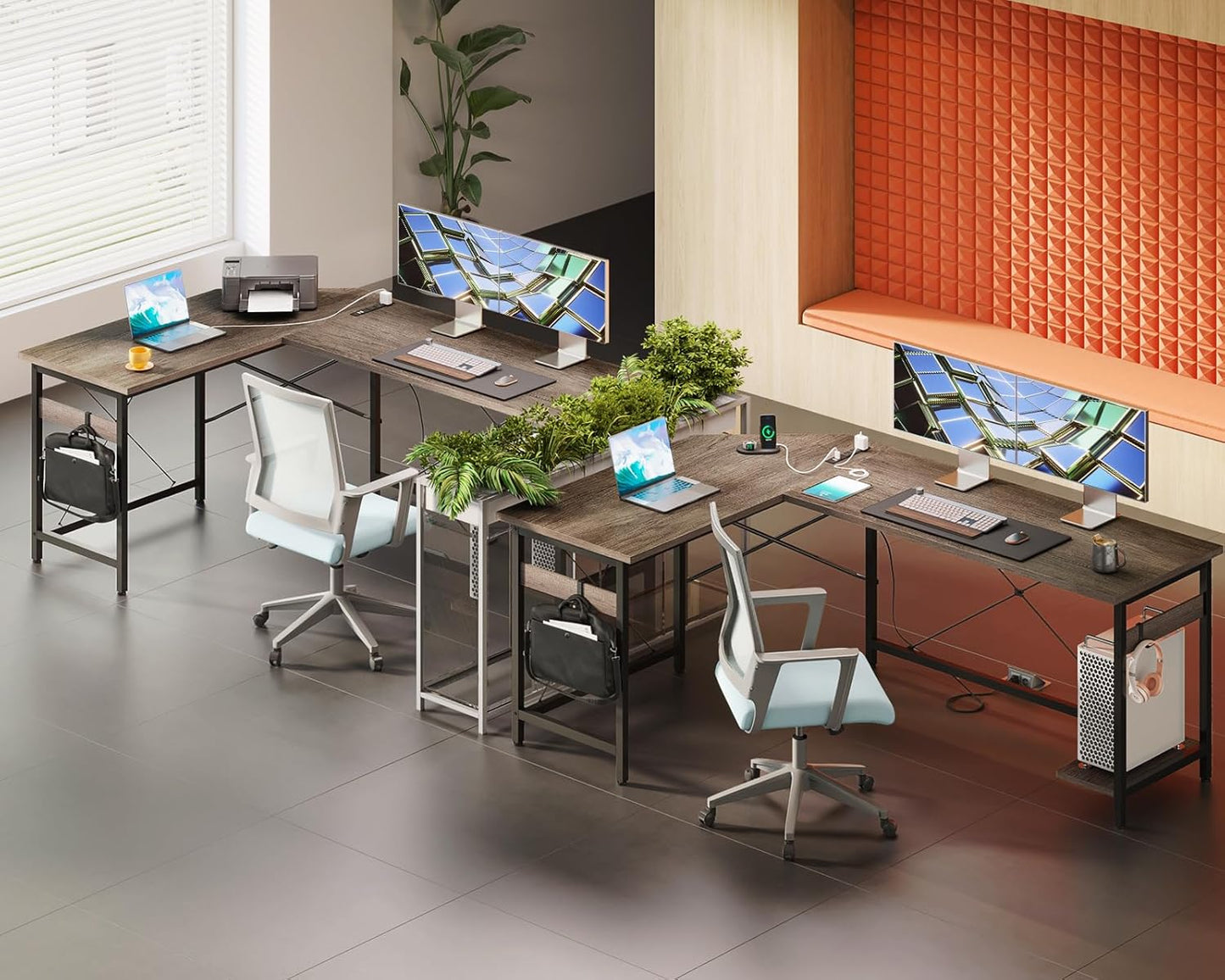 Coleshome 66" L Shaped Gaming Desk with Outlet, L Shaped Desk with CPU Stand, Corner Computer Desk, Home Office Desk, Writing Desk, Grey Oak