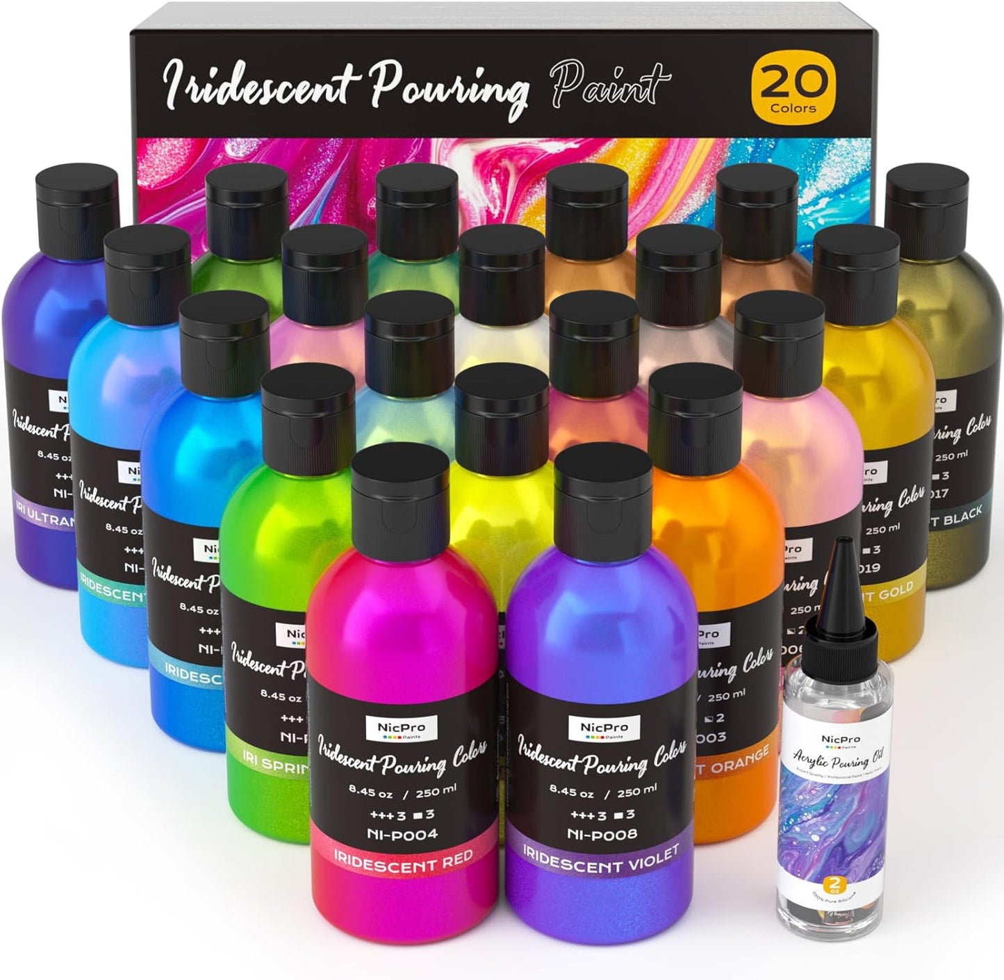 Nicpro 20 Colors Iridescent Metallic Acrylic Pour Paint Supplies Kit, 8.45oz Large Ready to Pour Premixed High Flow Pouring Paint Set with Silicone Pouring Oil, Gloves, Instructions for Beginner DIY