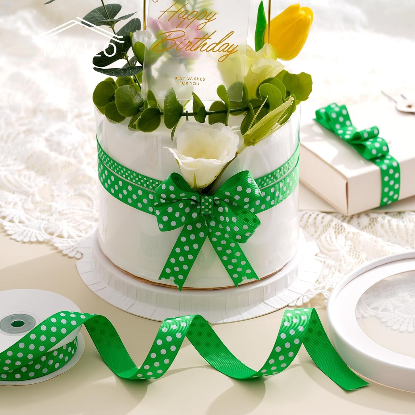 Polka Dot Grosgrain Ribbon 3/4 Inch, 25 Yards Spool Green and White Polka Dot Ribbon for Christmas Gift Wrapping DIY Crafts Hair Bows Wedding Party Decor Sewing and Home Decoration