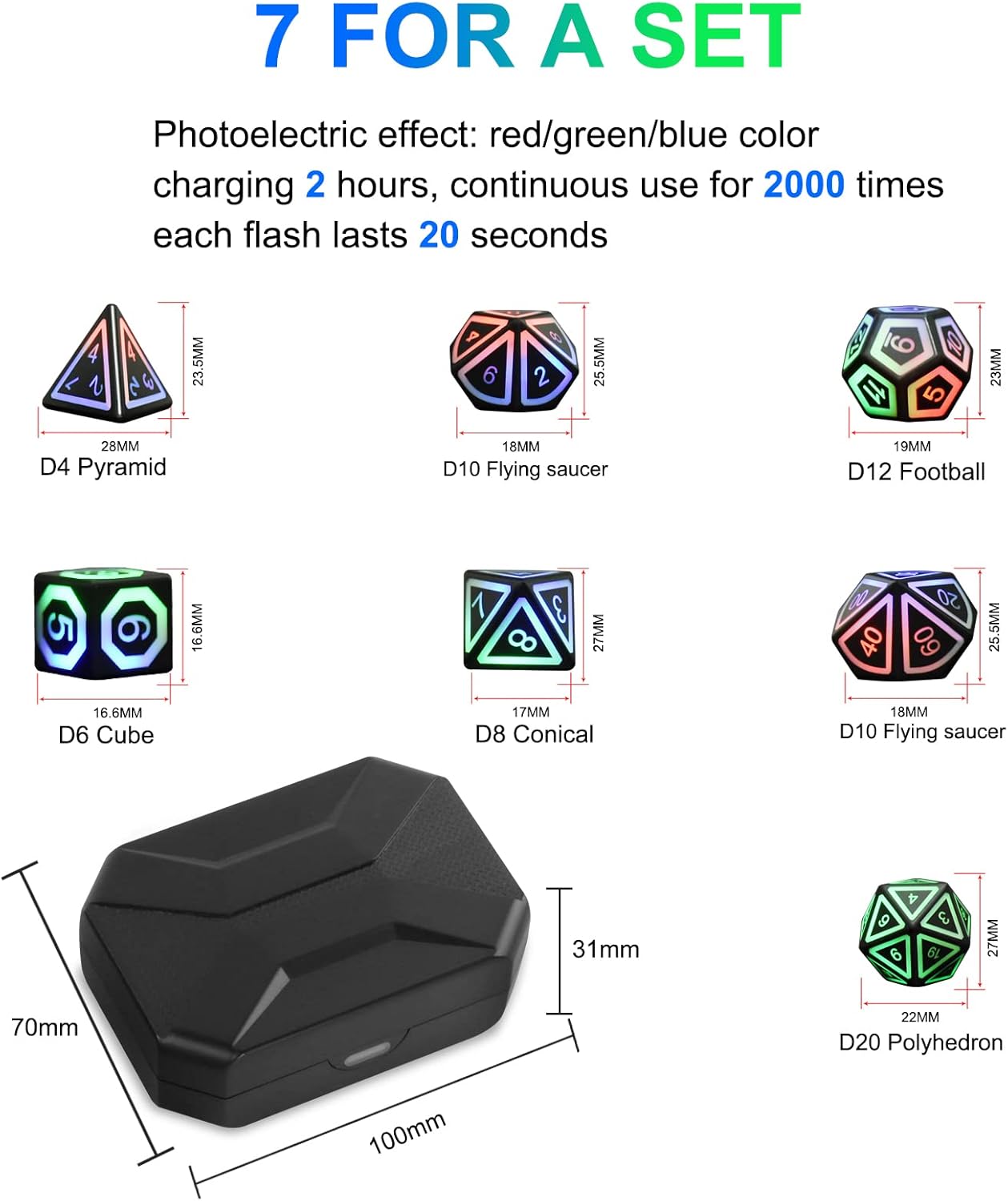 Rechargable DND Dice Set, Light Up Dice, 7 PCS Glowing Balanced LED Dice Electronic Dices, D&D Dice, Polyhedral Dice Set RPG Role Playing Table Game