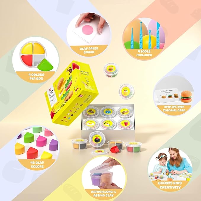 Air Dry Clay for Kids - Modeling Clay Kits, Ultra Light & Soft, Safe & Non-Toxic, 12 Boxes DIY Model Magic Clay 48 Colors with Sculpting Tools und Tutorials, Creative Art Crafts Toys Gifts Boys Girls