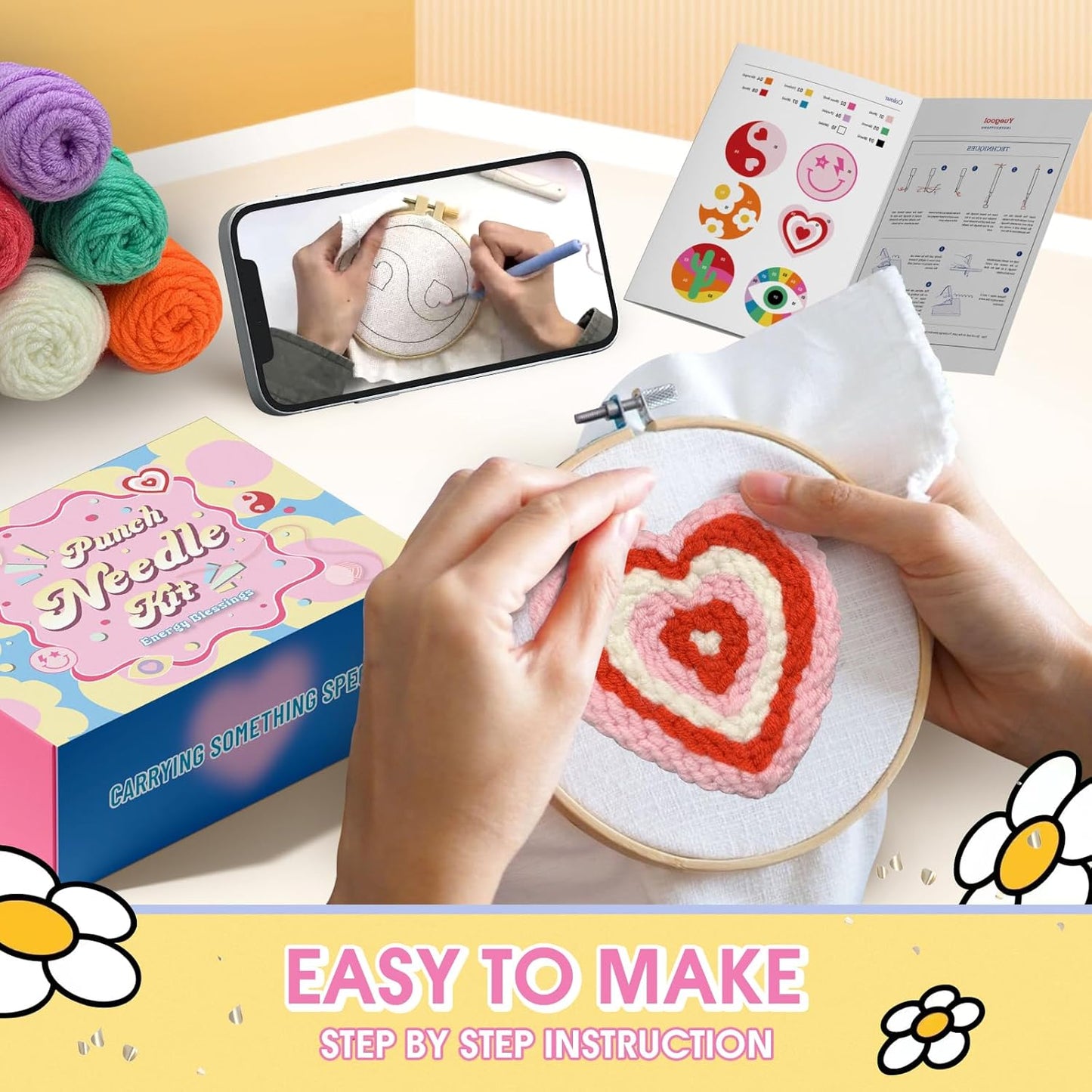 yuegool 6PCS Energy Punch Needle Coasters Kit,Easy DIY Punch Needle Embroidery Kit for Beginners Adults Kids Including Patterns, Tools, Yarns, Hoop, Instruction, Coaster Holder Art Craft Supplies