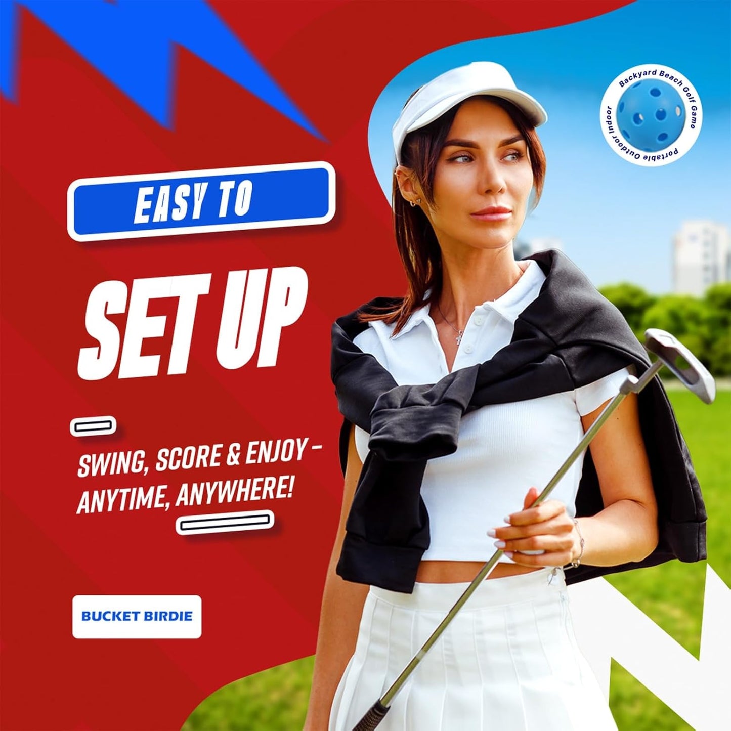 Bucket Birdie Backyard Golf Game — 9 Hole Bucket Golf Yard with Adjustable Clubs, Flags, Balls, Turf Mats, and Carry Bag — Outdoor Golf Game