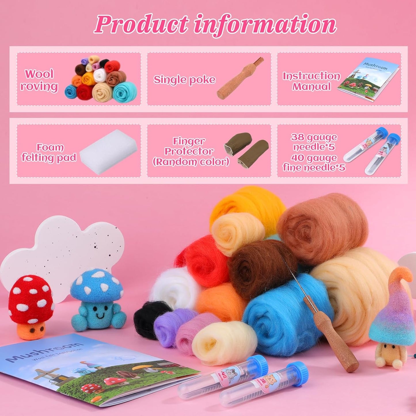 UOOU Needle Felting Kit,Mushroom Needle Felting Beginners Kit,Needle Felting Supplies,Wool Roving,Instruction Manual,Wool Felting Kit for DIY Craft Decoration