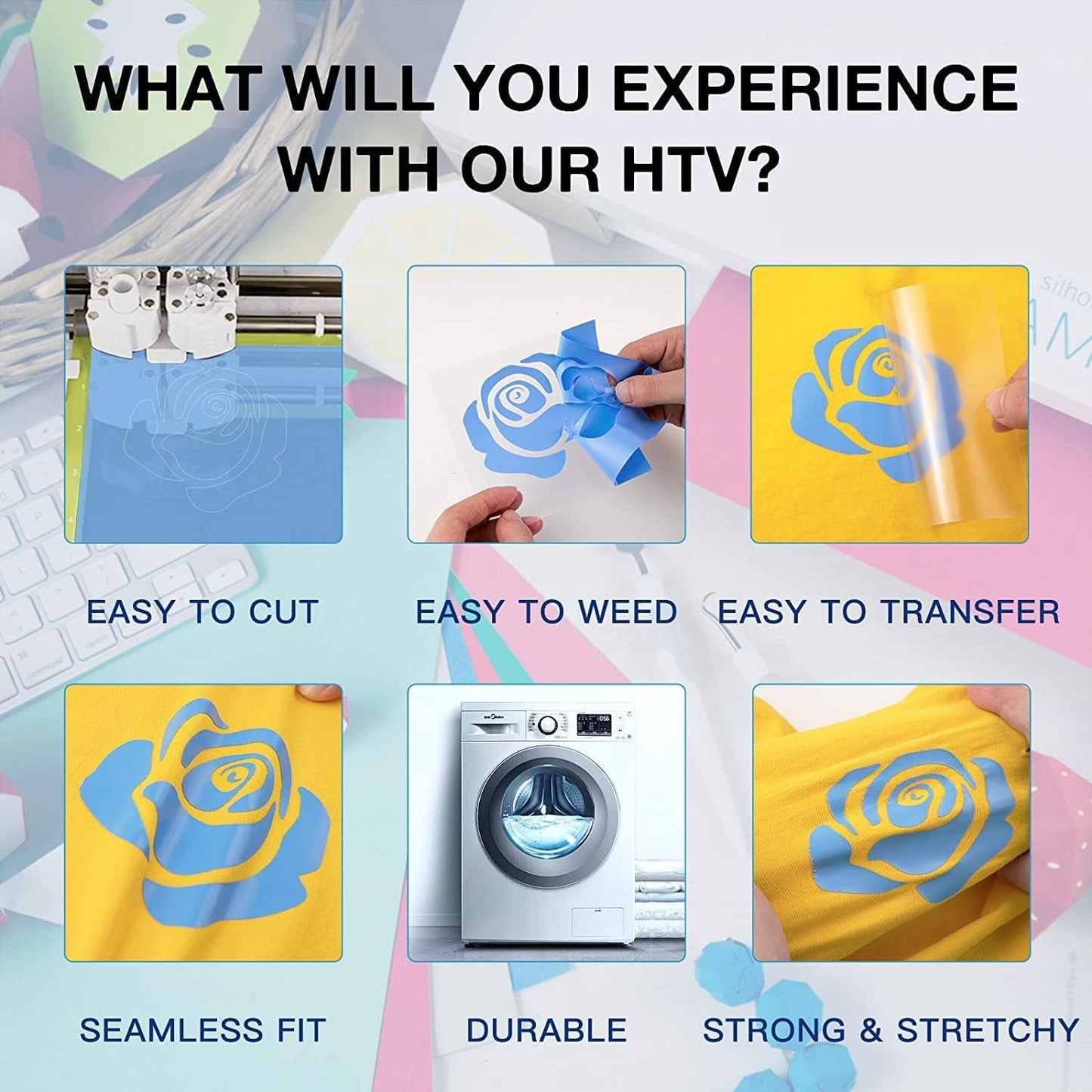 HTVRONT HTV Vinyl Rolls Heat Transfer Vinyl - 12" x 8ft Sky Blue HTV Vinyl for Shirts, Iron on Vinyl for All Cutter Machine - Easy to Cut & Weed for Heat Transfer Design (Sky Blue)