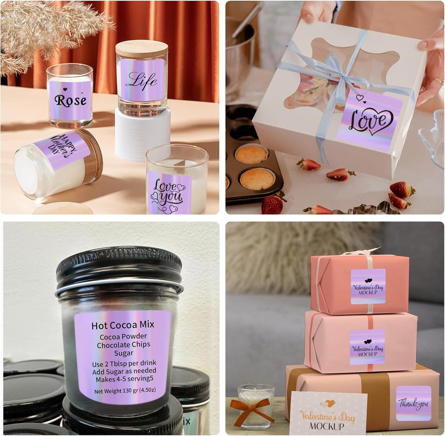 Holographic Square Thermal Labels Stickers 3" x 3", Direct Square Thermal Stickers Labels, Glitter Self-Adhesive Thermals Label for Small Business- Holographic Purple