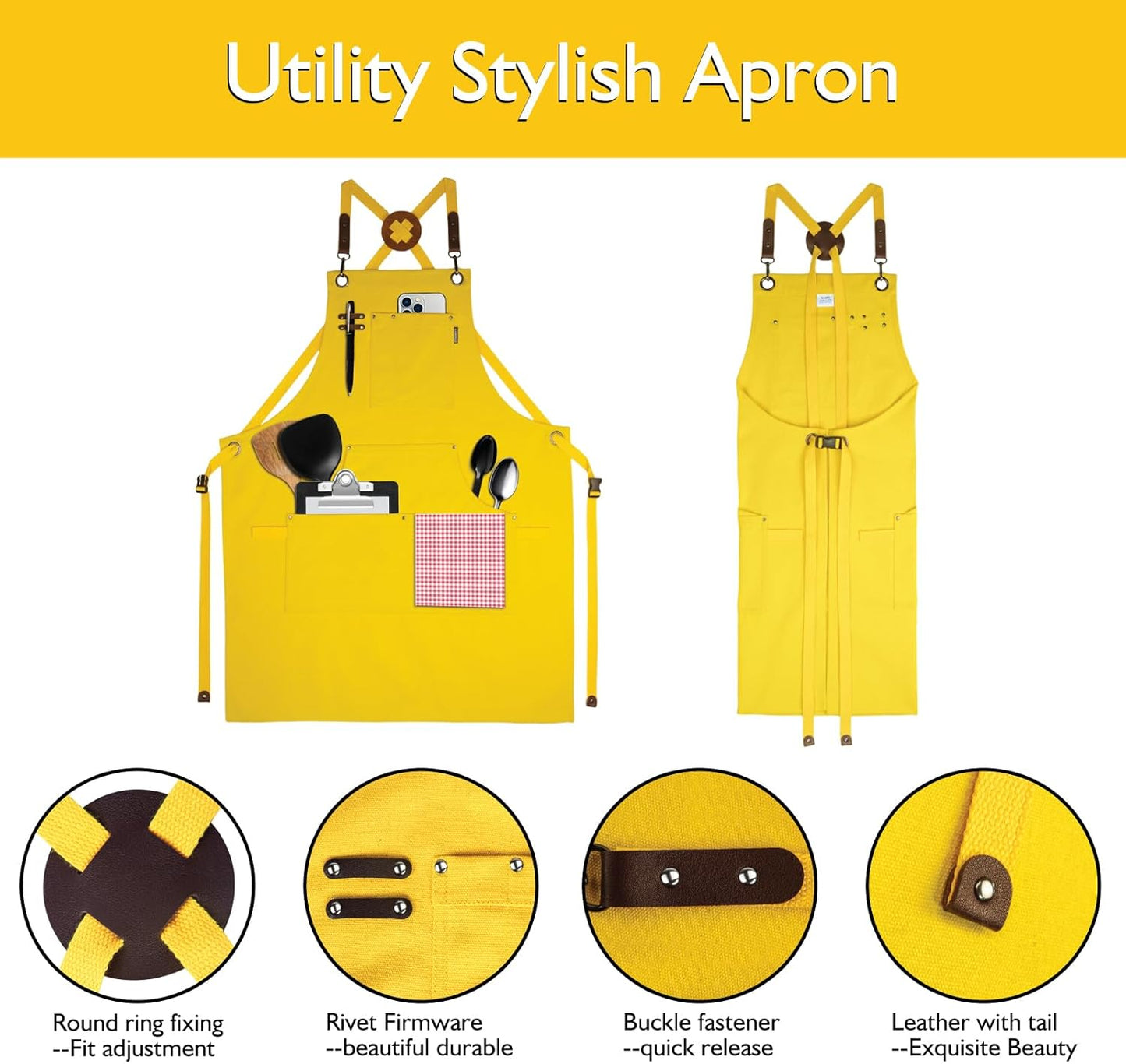 10 Pack Kitchen Aprons, Work Apron, Canvas, Multiple Pockets, Gardening, Painting, BBQ, Artist, Carpenter, Sizes M to XXL, Yellow