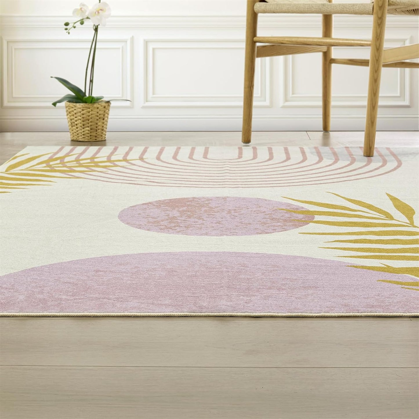 RoomTalks Cute Pink Nuresry Rug Washable, Boho Modern Contemporary Aesthetic 4x6 Area Rugs for Bedroom Dining Living Room Dorm, Abstract Art Tropical Leaves Thin Indoor Entryway Rug Carpet