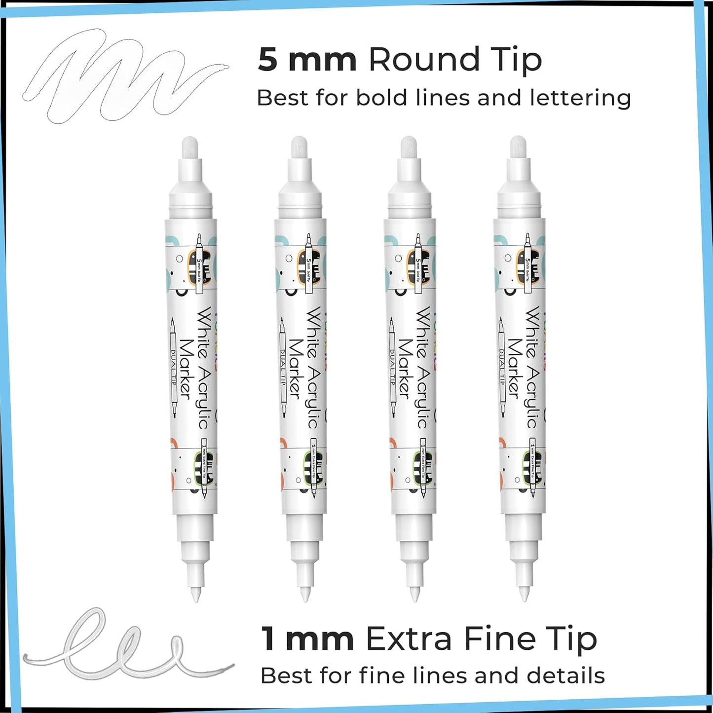 4 Dual Tip White Paint Pen - Extra Fine Tip & Medium - Permanent ink, White Acrylic Paint Pen for Wood, Fabric, Glass, Plastic, Ceramic, Rocks, Coloring Book Art - Acrylic Markers, Quick Dry
