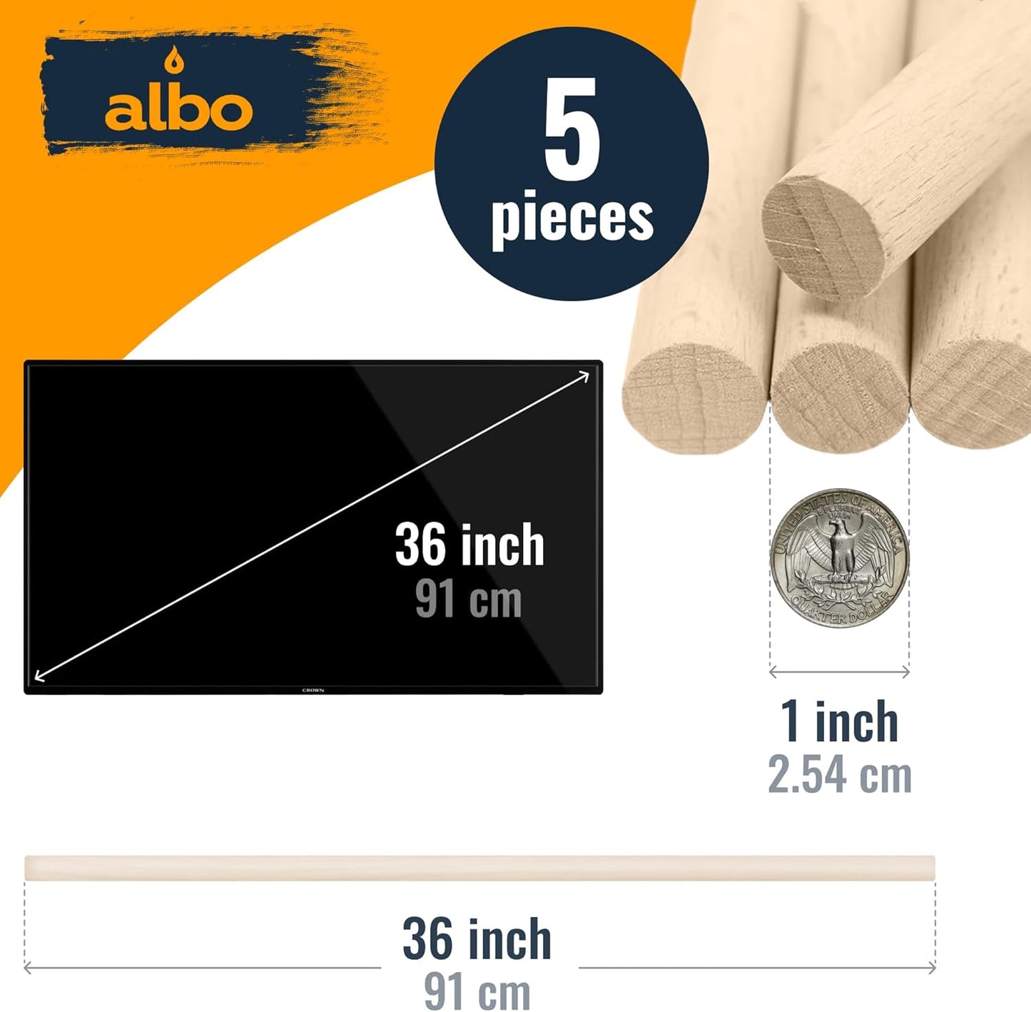 ALBO 1" x 36" Wooden Dowel Rods Set - 5 Pack Birch Natural Strong Craft Sticks Stair Rails Shelf Supports Decor Hardwood Smooth Finish Woodworking Material DIY Furniture Bulk Value Pack
