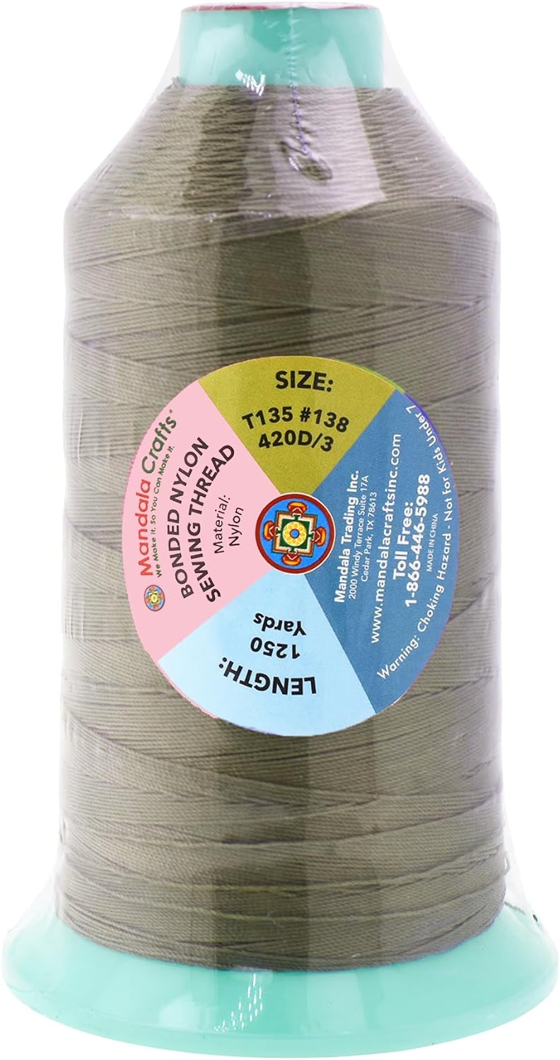 Mandala Crafts Bonded Nylon Thread Dark Beige Heavy Duty Sewing Threads - 1250 YDs Size 138 420D T135 Tex 135 Thread for Leather Jeans Weaving Outdoor Marine Upholstery Threads