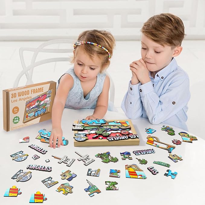 Art Crafts Gift for Kids 4-8ages 3D Wooden City Landmark Series Frame Kit for Kids - DIY Los Angeles Cartoon Style Puzzle Toys Perfect Wall Art and Tabletop Decoration