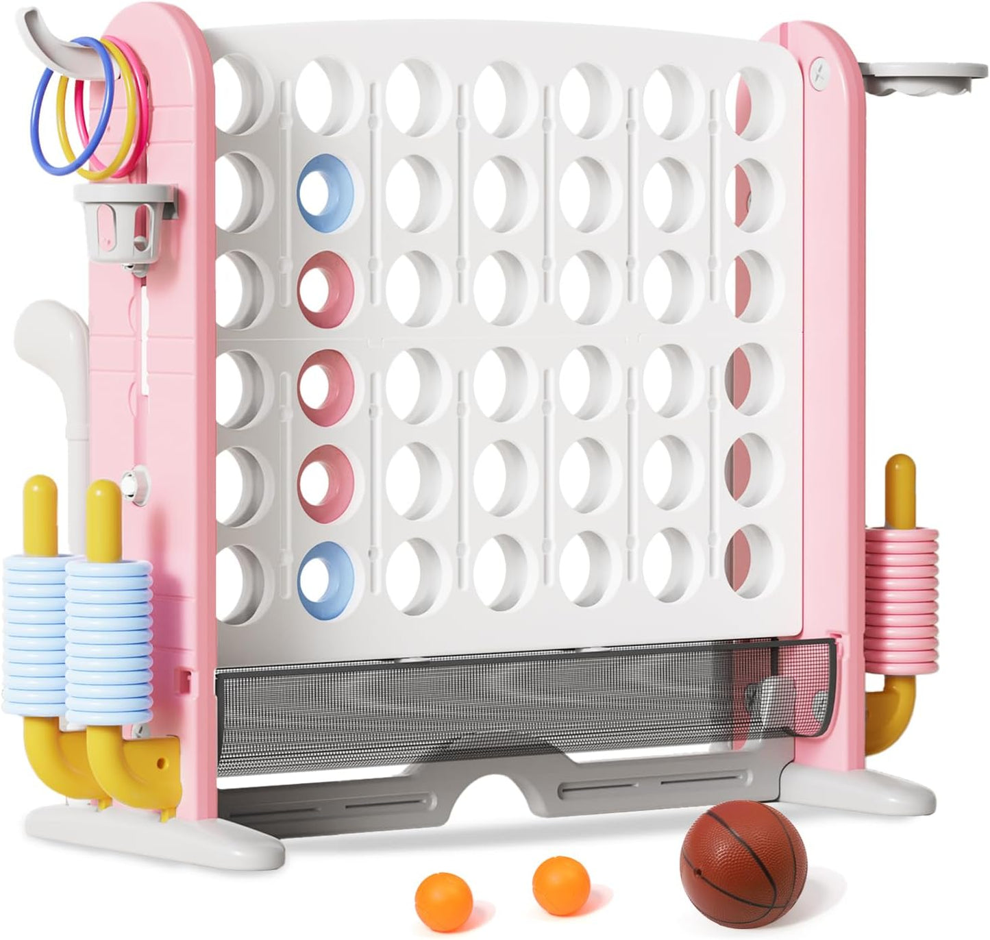 Giant 4 in-A-Row Connect Game Set, Adjustable Height Jumbo Yard Game with Basketball Hoop, Golf, Mesh Pocket & Ring Toss, Indoor Outdoor Family Backyard Party Game for Kids and Adults, Pink-White