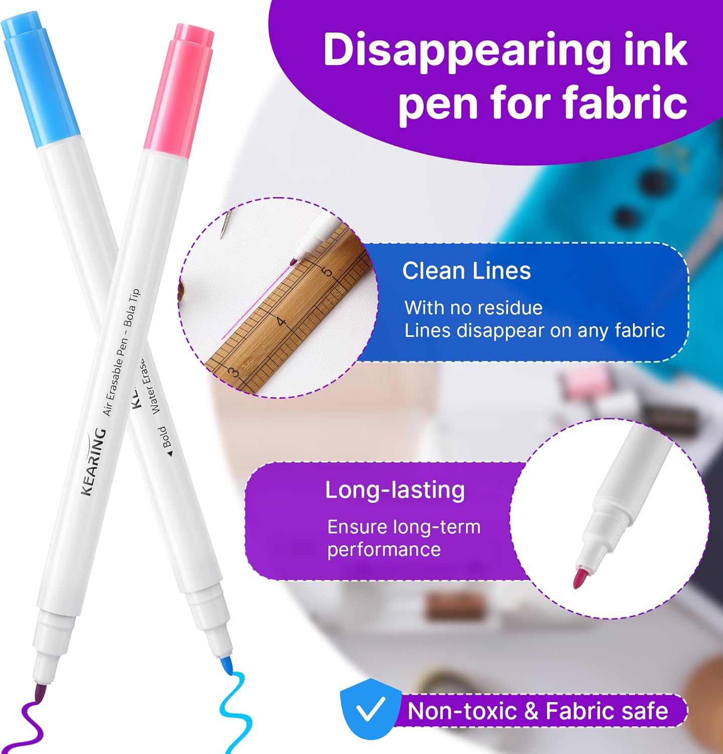 Fabric Markers for Sewing, 5 Count Pack, Includes 2 Water Soluble Fabric Marker 2 Air Erasable Pens 1 Eraser Marker, Disappearing Ink Pen, Sewing Quilting Embroidery Supplies