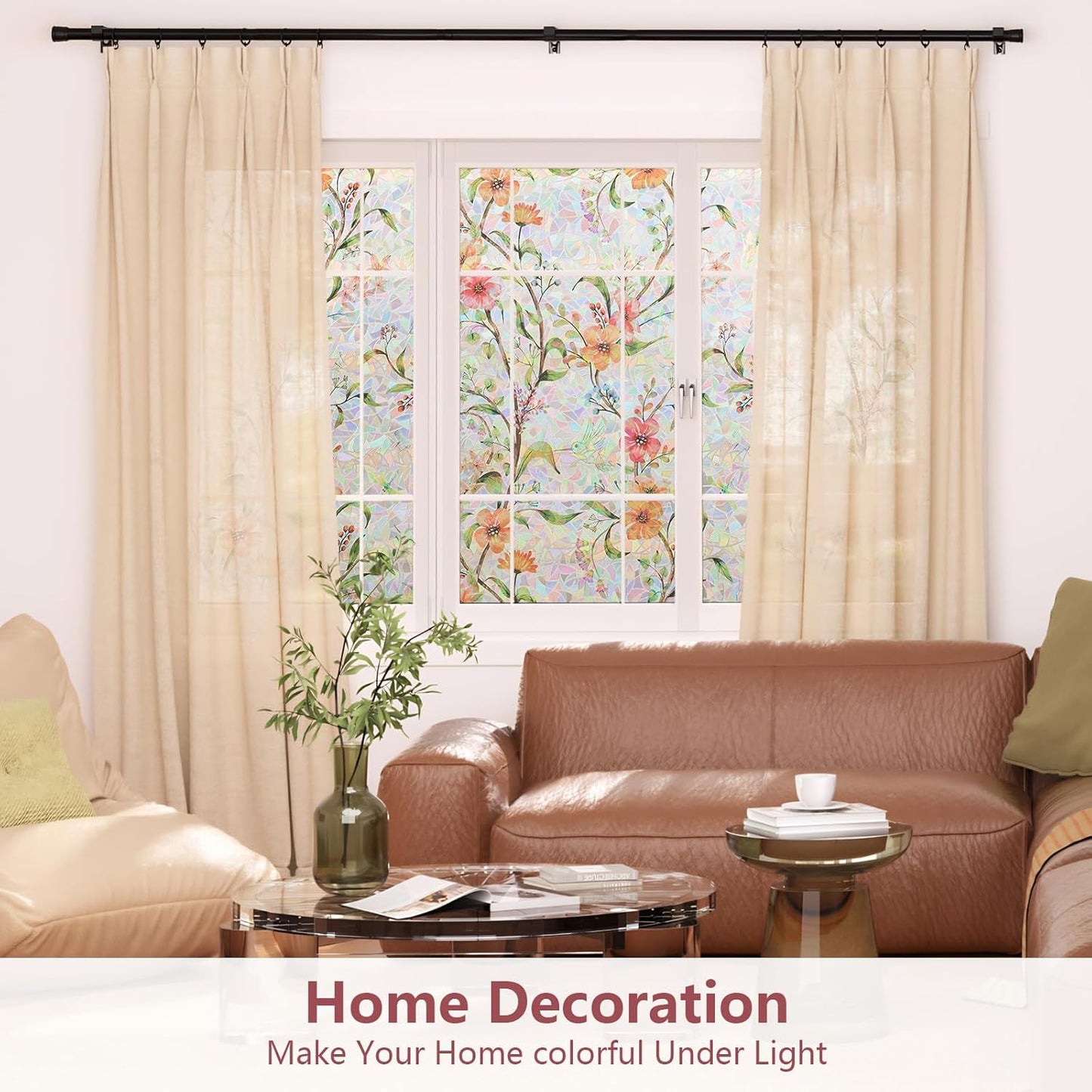 NINETREX Window Privacy Film,Stained Glass Window Film,Rainbow Decorative Stickers Static Cling Anti UV Heat Control for Home Decor (Galsang Flower,23.6 x 157.4inch)