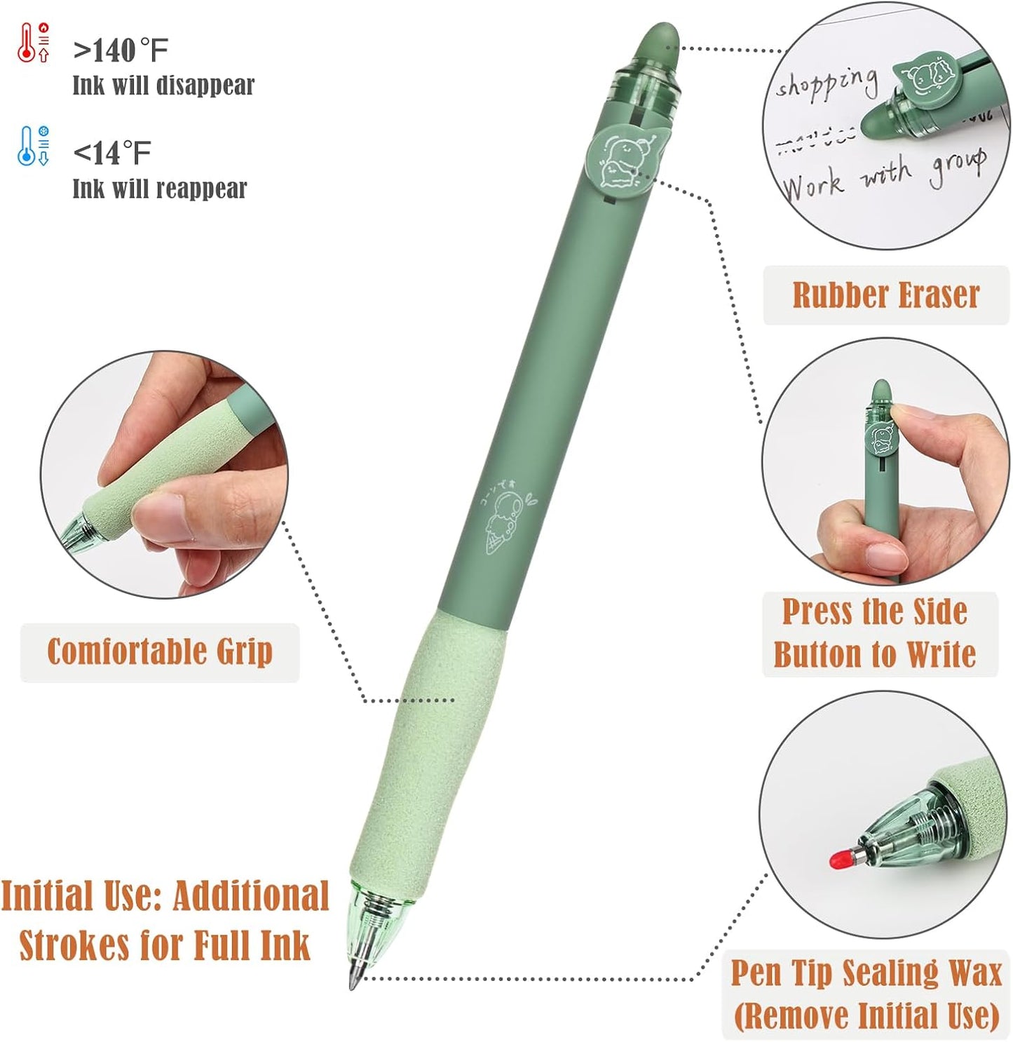 BAYTORY 8Pcs Cute Retractable Erasable Gel Pens, Blue and Black Ink Pen with Eraser Clear, Smooth Writing Comfortable to Use for Note Taking Marking Planner Crossword Puzzles (Green)