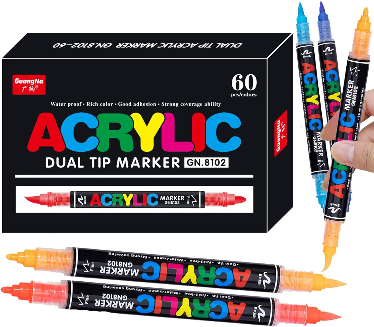 Guangna 60 Colors Acrylic Paint Markers, Dual Tip Paint Markers Pens Set with Soft Brush Tip, Multifunctional Fine Tip Markers for Wood, Canvas, Rock Painting,Glass,Diy Crafts Art Supplies, Waterproof