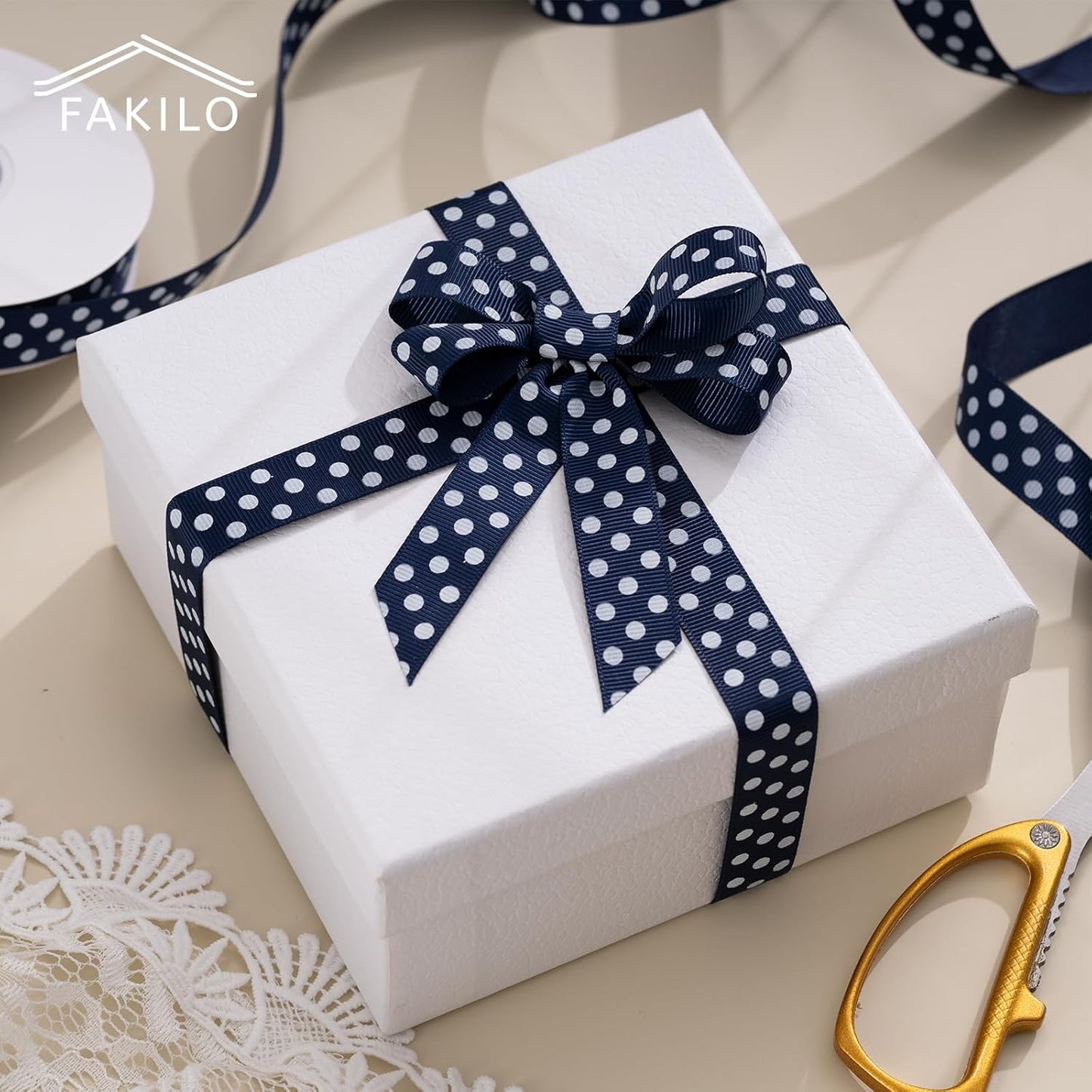 Polka Dot Grosgrain Ribbon 5/8 Inch, 25 Yards Spool Navy Blue and White Dot Craft Ribbon for Christmas Gift Wrapping DIY Crafts Hair Bows Wedding Party Decor Sewing and Home Decoration