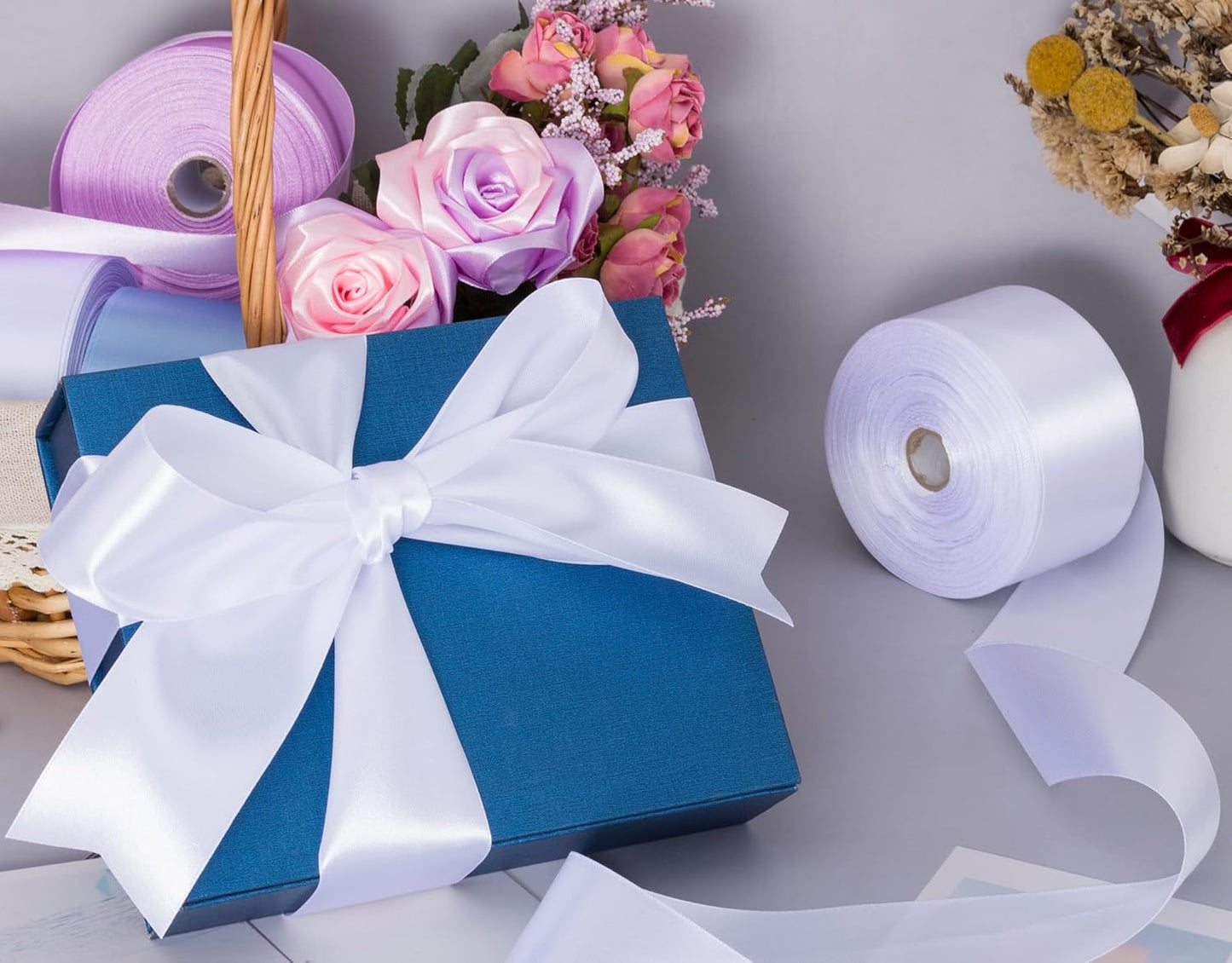 2 Inch White Solid Satin Ribbon, 50 Yards Craft Fabric Ribbon for Gift Wrapping Floral Bouquets Wedding Party Decoration