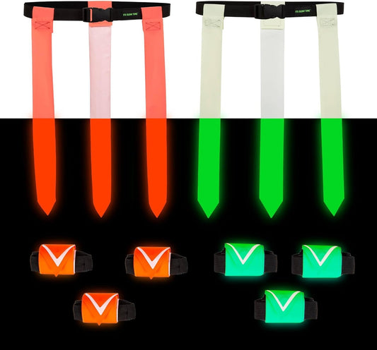 Glow in the Dark Flag Football Belts (Set of 6 with Storage Bag)- Premium Flags for Day or Night- Adjustable Belt Set for Yard Games, Football Party, Glow Party, Camping, Beach Games, Team Building
