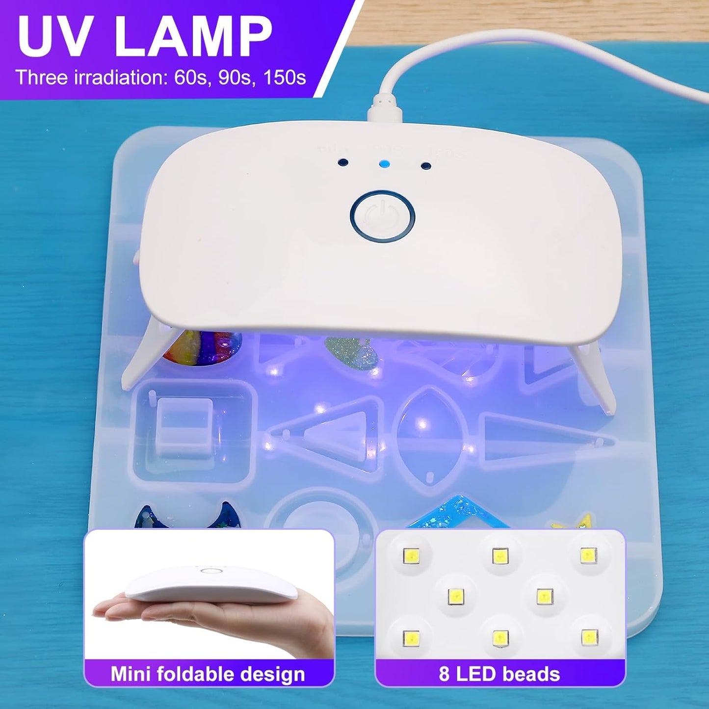 UV Resin with Light - 400g Hard Type Crystal Clear Ultraviolet Curing UV Resin Kit, 8 Lamp Beads UV Light(Non-Battery), UV Resin with Light for Craft Jewelry Making