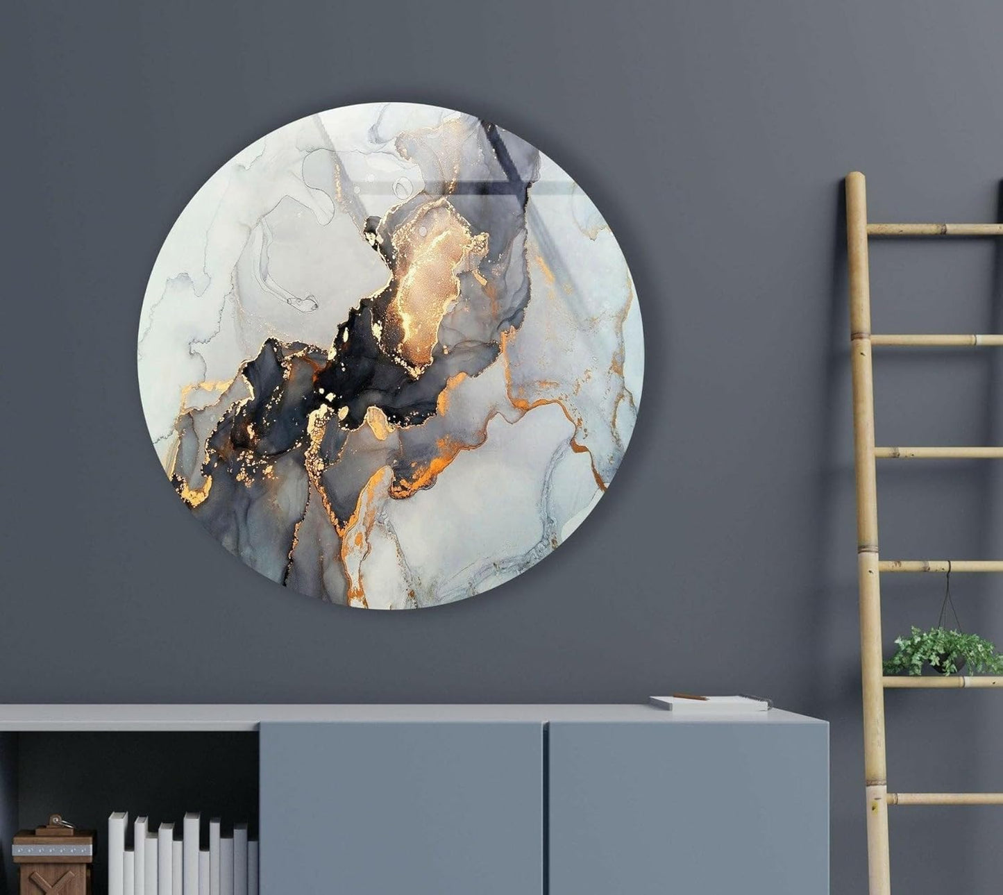 My Photostation.com 10''(25cm) Diameter Gold Details Gray Marble Round Glass Wall Art Tempered Glass Printing Wall Decor Large Wall Art Wall Hangings