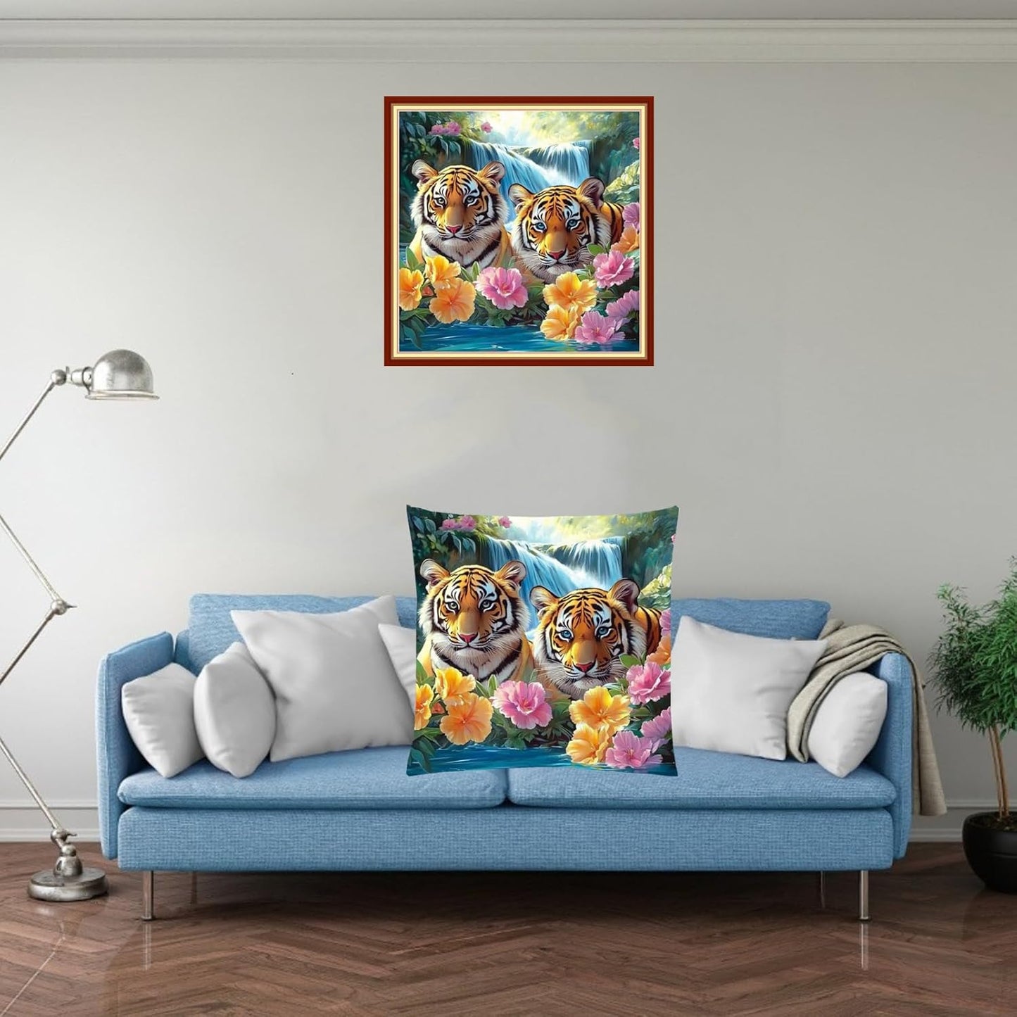 Fanxvivy Stamped Cross Stitch Kits for Adults Beginners Pillow Needlepoint Kit with Embroidery Pattern Needlework Kit Prestamped Stitches Kit 11CT Cross Stitching-Flower Tiger 18x18 inch