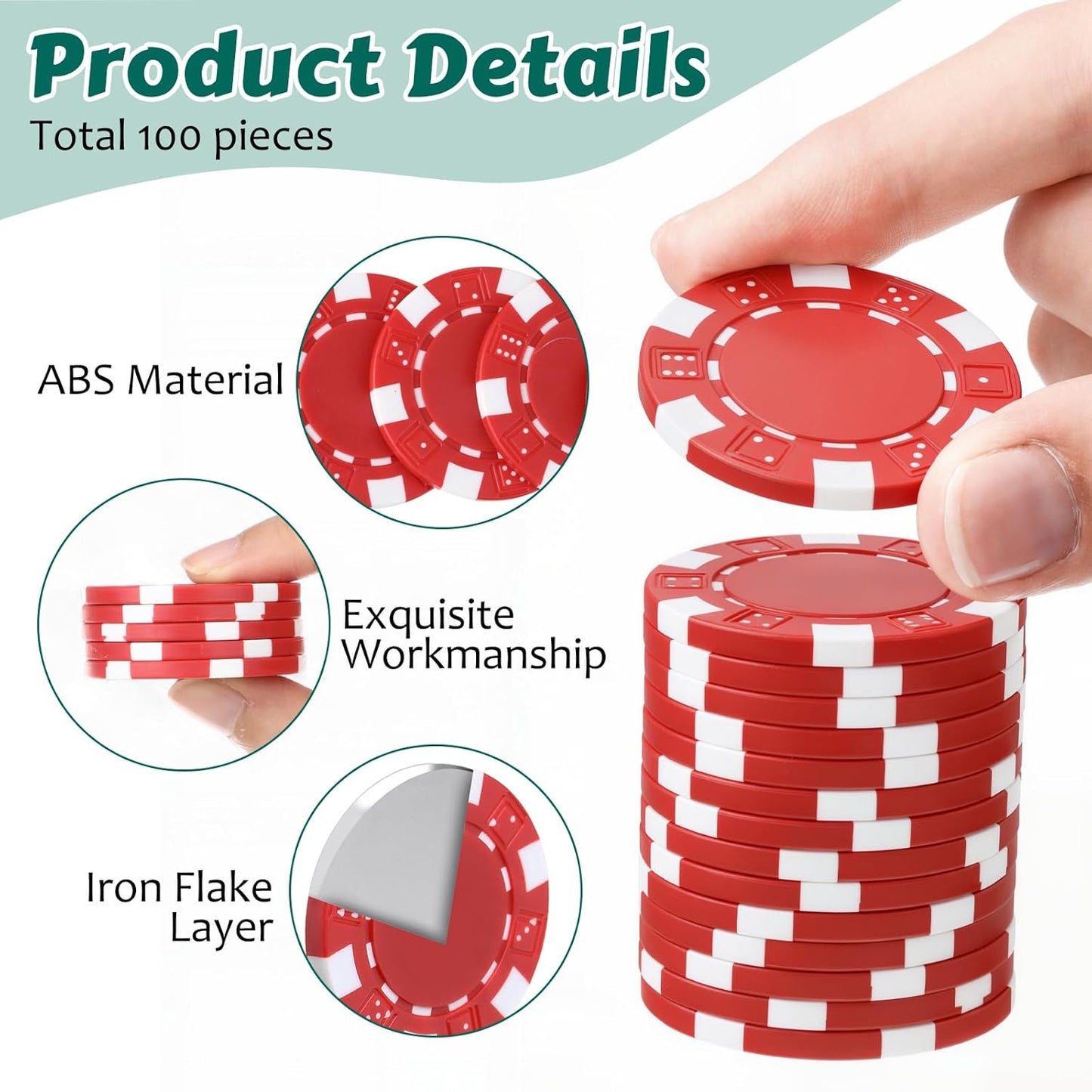 100 Pcs 11.5 Gram Poker Chips ABS Monte Carlo, 40 mm Bingo Chips Tokens Markers Blank Counting Bulk for Blackjack, and Card Night Poker Games