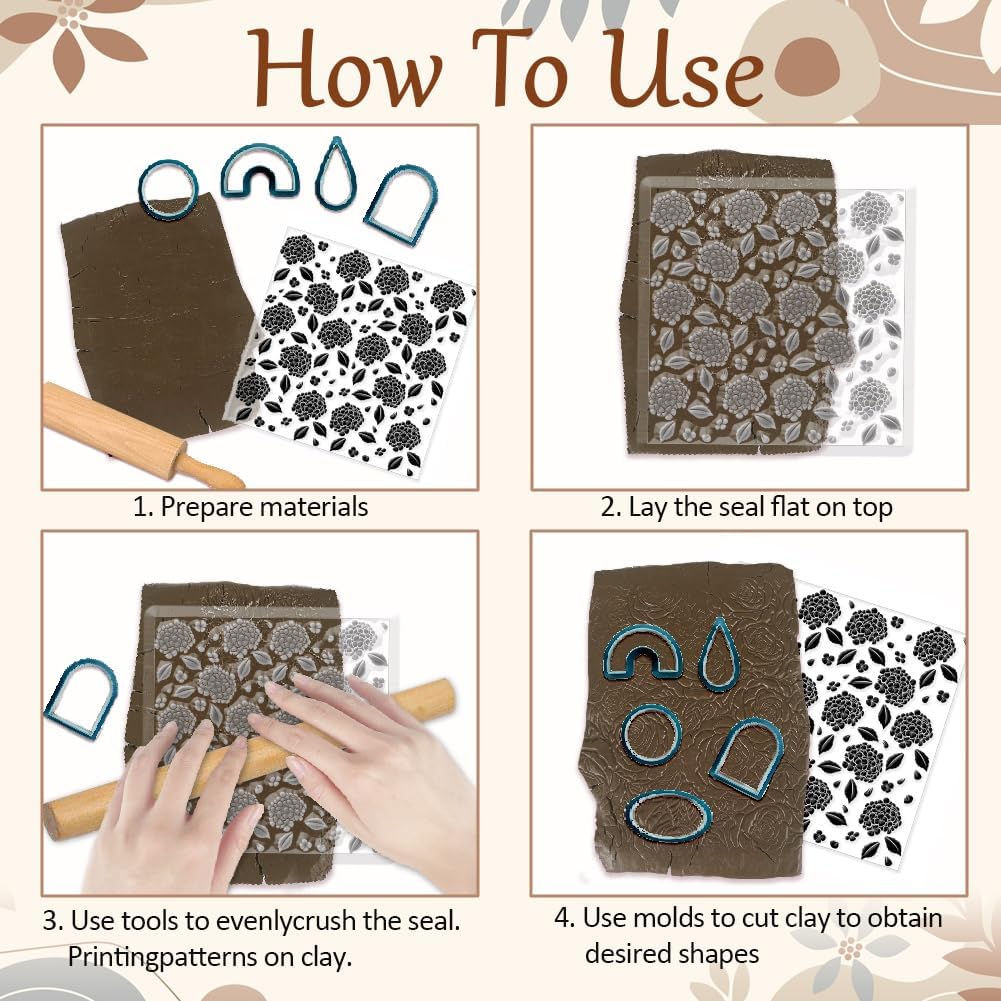 CHGCRAFT Hydrangea Texture Polymer Clay Texture Sheets Flowers Leaves Pattern Silicone Texture Stamp Clay Modeling Pattern Pad Texture Sheets for Polymer Clay Making Earrings Jewelry