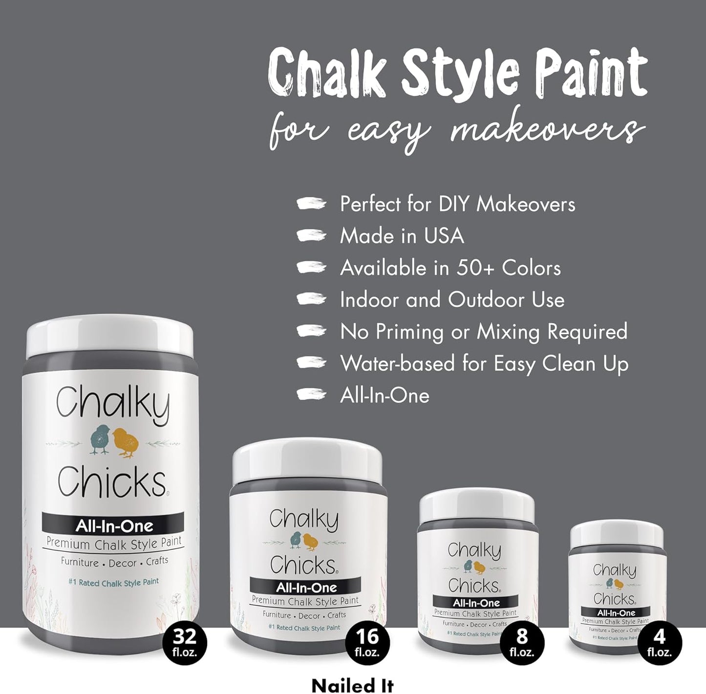Chalky Chicks All-in-One Chalk Paint for Furniture or Cabinet - 4Fl Oz - Matte Finish Nailed It (Blueish Gray) for Metal, Wood Furniture Paint - No Sanding All-in-One for Home Decor & Crafts, USA Made