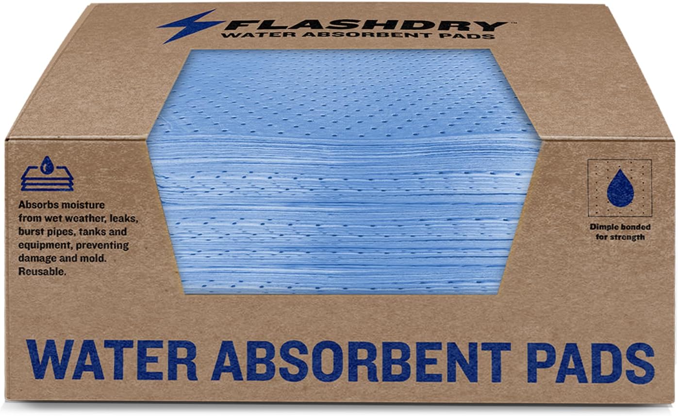 FlashDry Water Absorbent Pads 50 per Box, 17.5"x13.5" - Reusable and Hand Wringable Pads - Ideal for Water Leaks, Spills, Storm Damage Cleanup - Perfect for Basements, Garages, and Under-Sink Cabinets