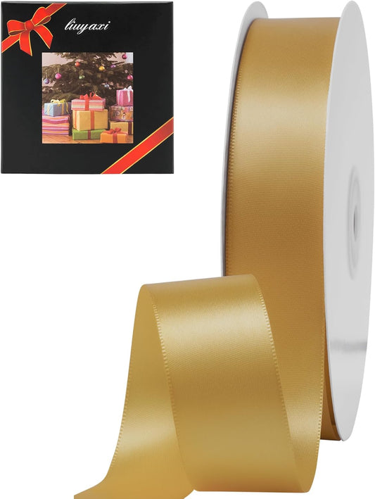 LIUYAXI Old Gold Double Faced Satin Ribbon, 1" X Continuous 50 Yards, Ribbons Perfect for Gift Wrapping Wedding Bouquet Decor DIY Craft Bow Making & Other Projects