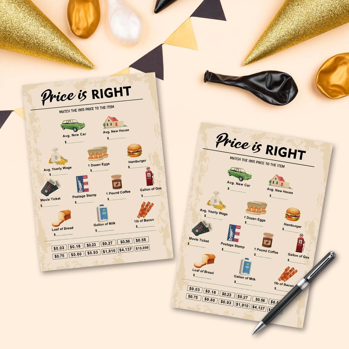 70th Birthday Party Games, Price is Right Games, Birthday Party Supplies for Adults, Fun 1955s Party Game，Pack of 30 Cards