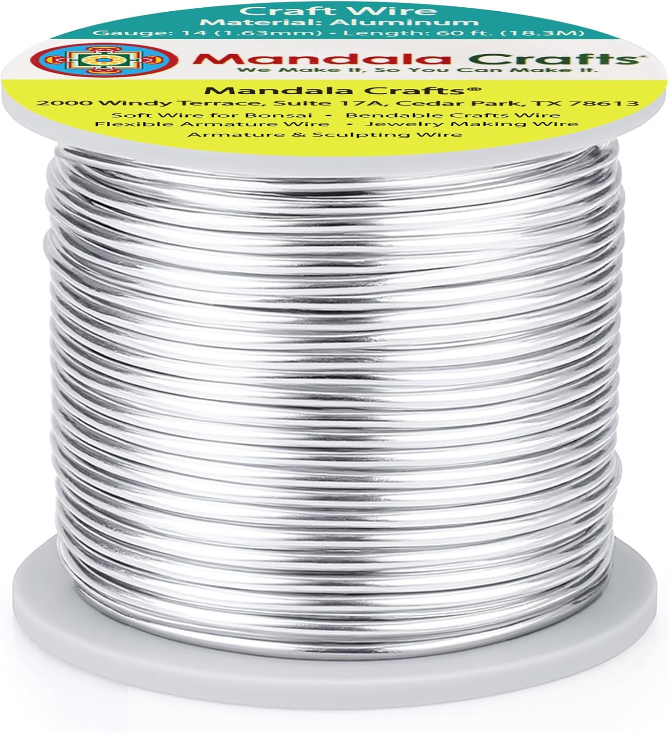 Mandala Crafts 14 Gauge Anodized Aluminum Craft Wire for Jewelry Making - 60 FT Colored Flexible Silver Tone Wire - Bendable for Bonsai Armature Crafting Sculpting
