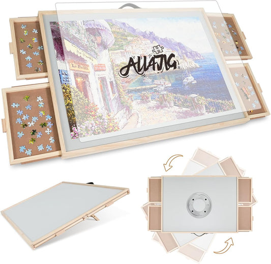 ALL4JIG 1500 Pieces 2-in-1 Tilting & Rotating Puzzle Board for Adults Gifts, Wooden Jigsaw Puzzle Table with 4 Drawers, Portable Board with Lazy Susan and Cover, 25.2" x 34.2"