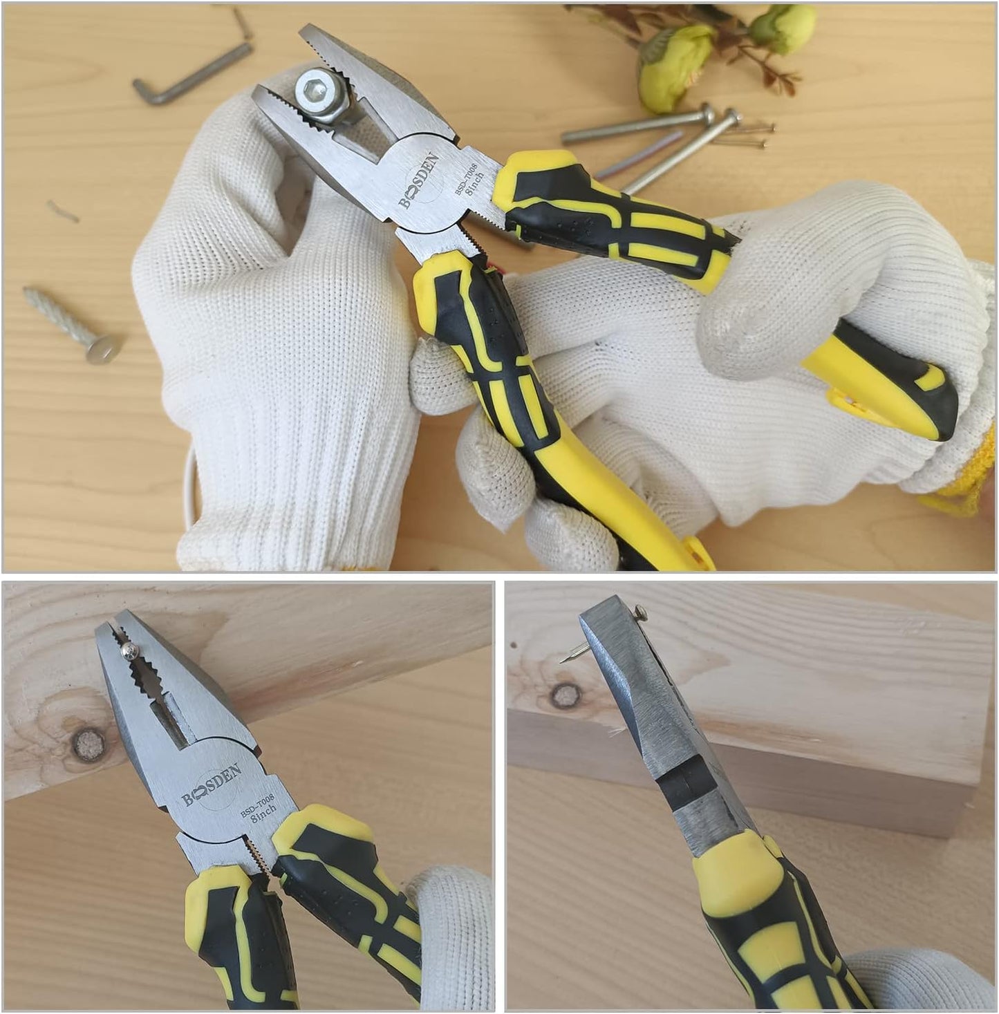 BOOSDEN 8 inch Lineman's Pliers - Side Cutters Combination Pliers with High Leverage and Wire Cutter Function