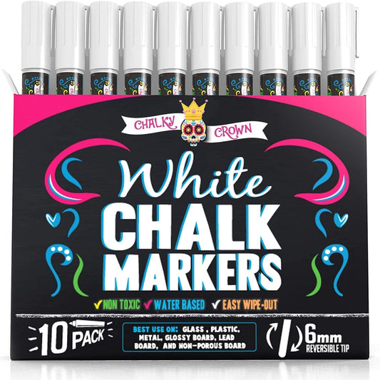 CHALKY CROWN Liquid Chalk Marker Pen - White Dry Erase Marker - Chalk Markers for Chalkboard Signs, Windows, Blackboard, Glass - 6mm Reversible Tip (10 Pack)
