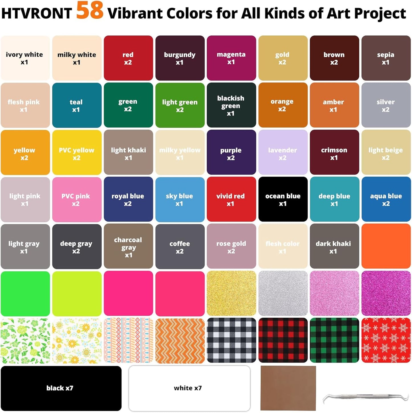 HTVRONT HTV Heat Transfer Vinyl Bundle, 90 Pack 12" x 10" Iron on Vinyl for t Shirts, 58 Assorted Colors HTV Vinyl with PTFE Sheet & Weeding Tools, Includes Glitter, Floral, Plaid, Neon, Geometric