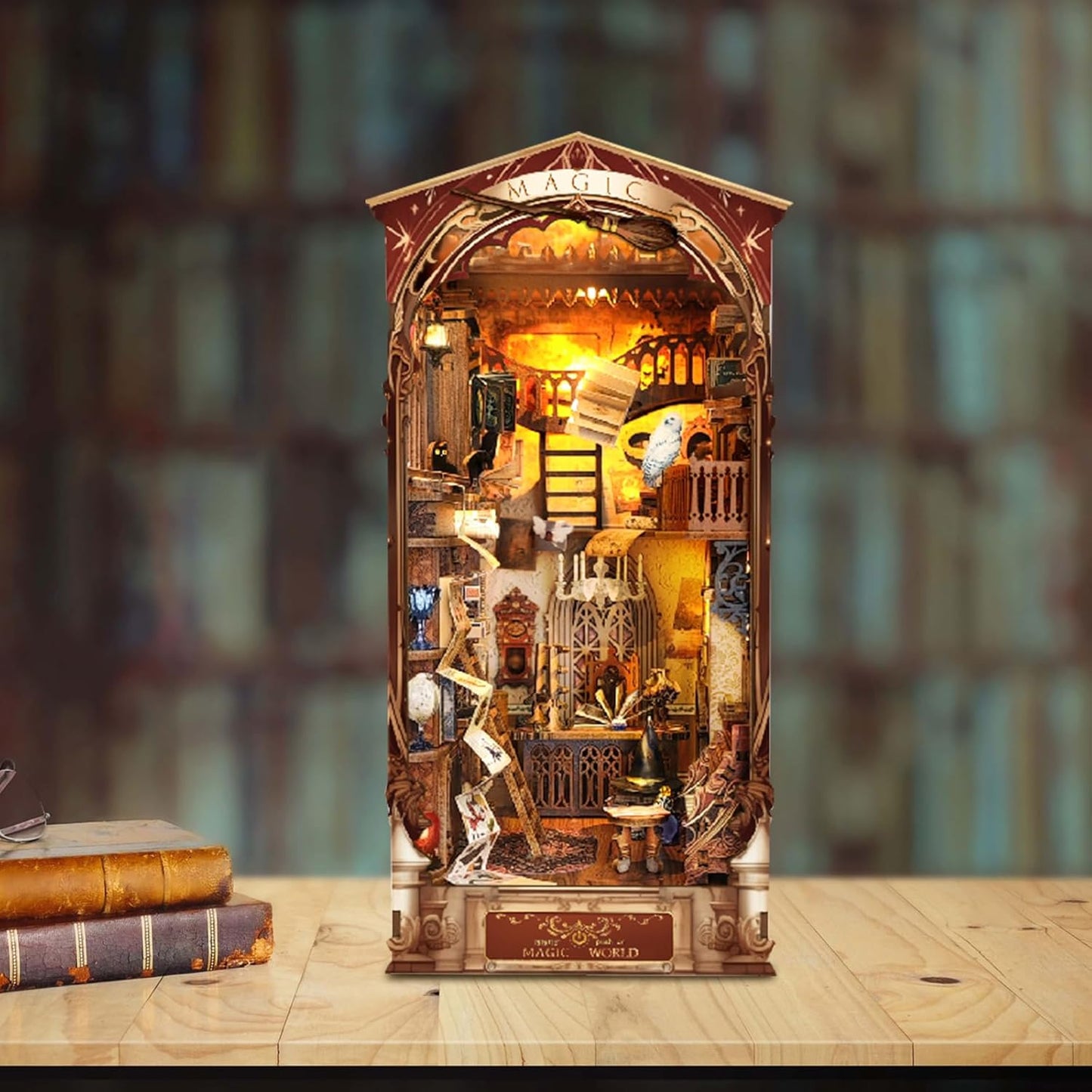 DIY Book Nook Kit,New DIY Dollhouse Booknook Bookshelf Insert Decor,3D Wooden Puzzles with LED,Book Nook Miniature Kit,Birthday Easter Home Decor for Teens Adult-Magic World
