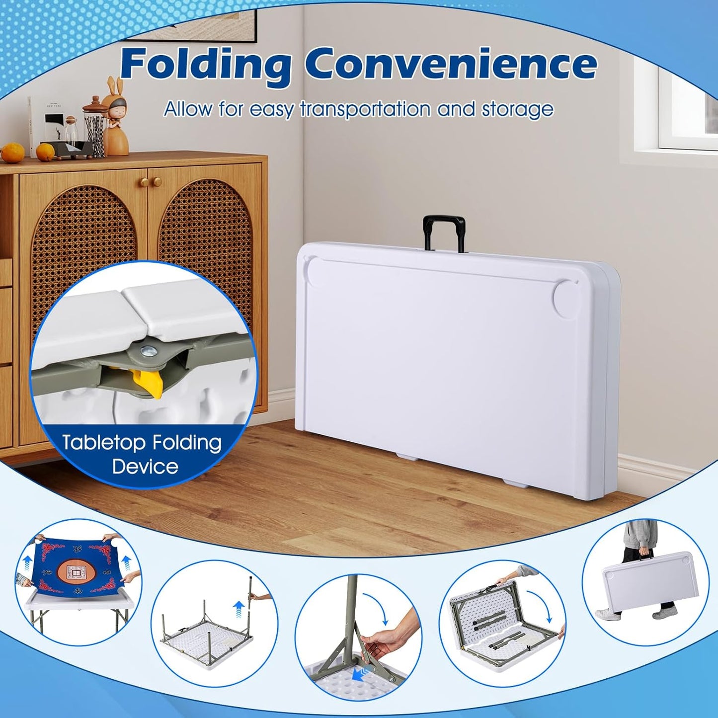 Giantex Folding Mahjong Table, 35" Square Card Table with Cup Holders, Removable Noise Reduction Mat, HDPE Tabletop, 4-Player Portable Domino Tables for Poker Blackjack Board Game (Navy)