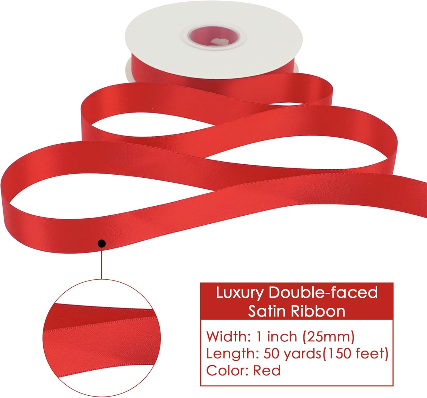 HUIHUANG Red Satin Ribbon - 1 inch x 50 Yards Double-Faced Polyester Silk for Gift Wrapping, Wedding Invitations, Hair Bows, Christmas Decor, Floral Arrangement