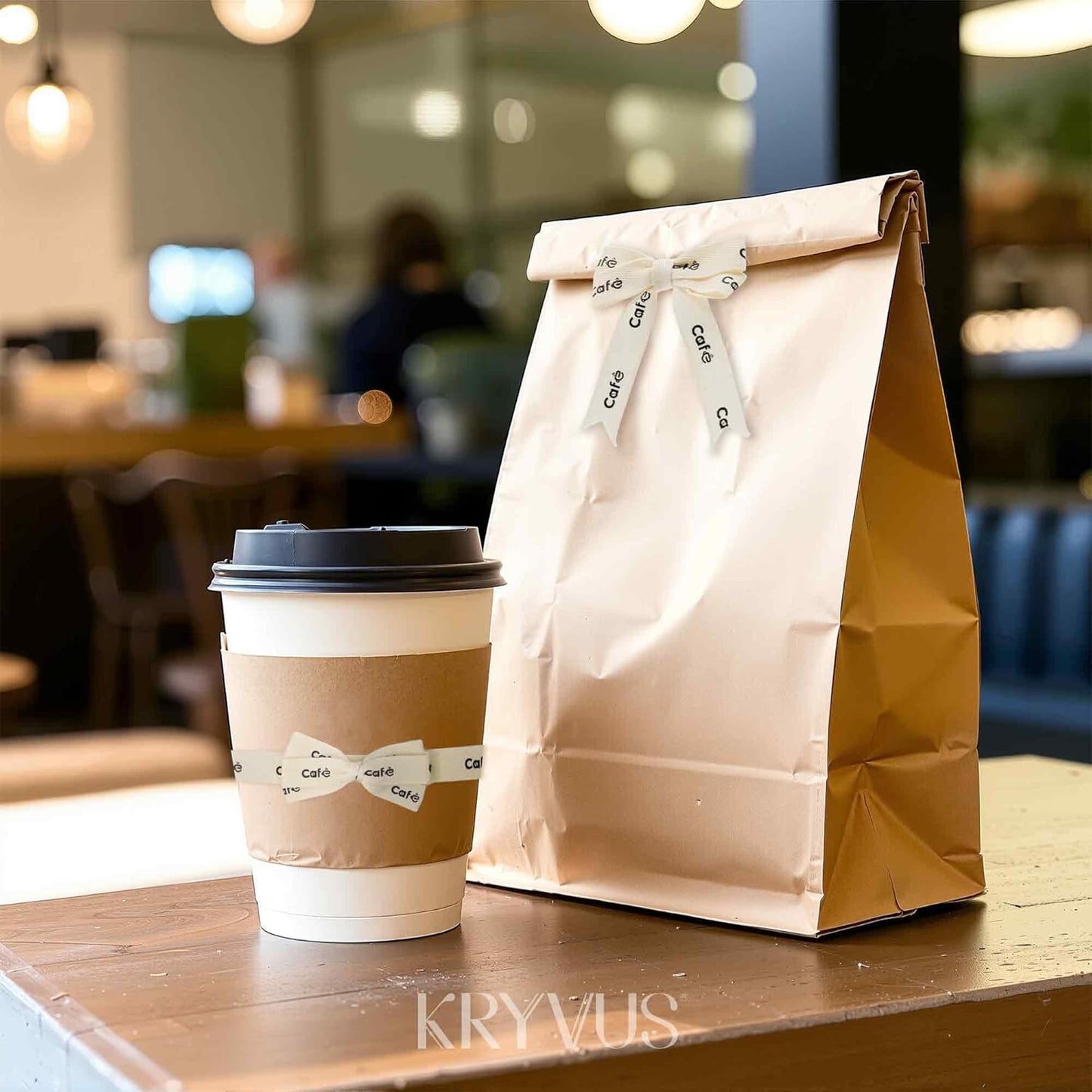 Cafe Print Ribbon - 5/8 Inch x 12 Yards Natural Twill Tape Ribbon, Cotton Herringbone Ribbons for Gift Wrapping, Party, Coffee Bar Decoration