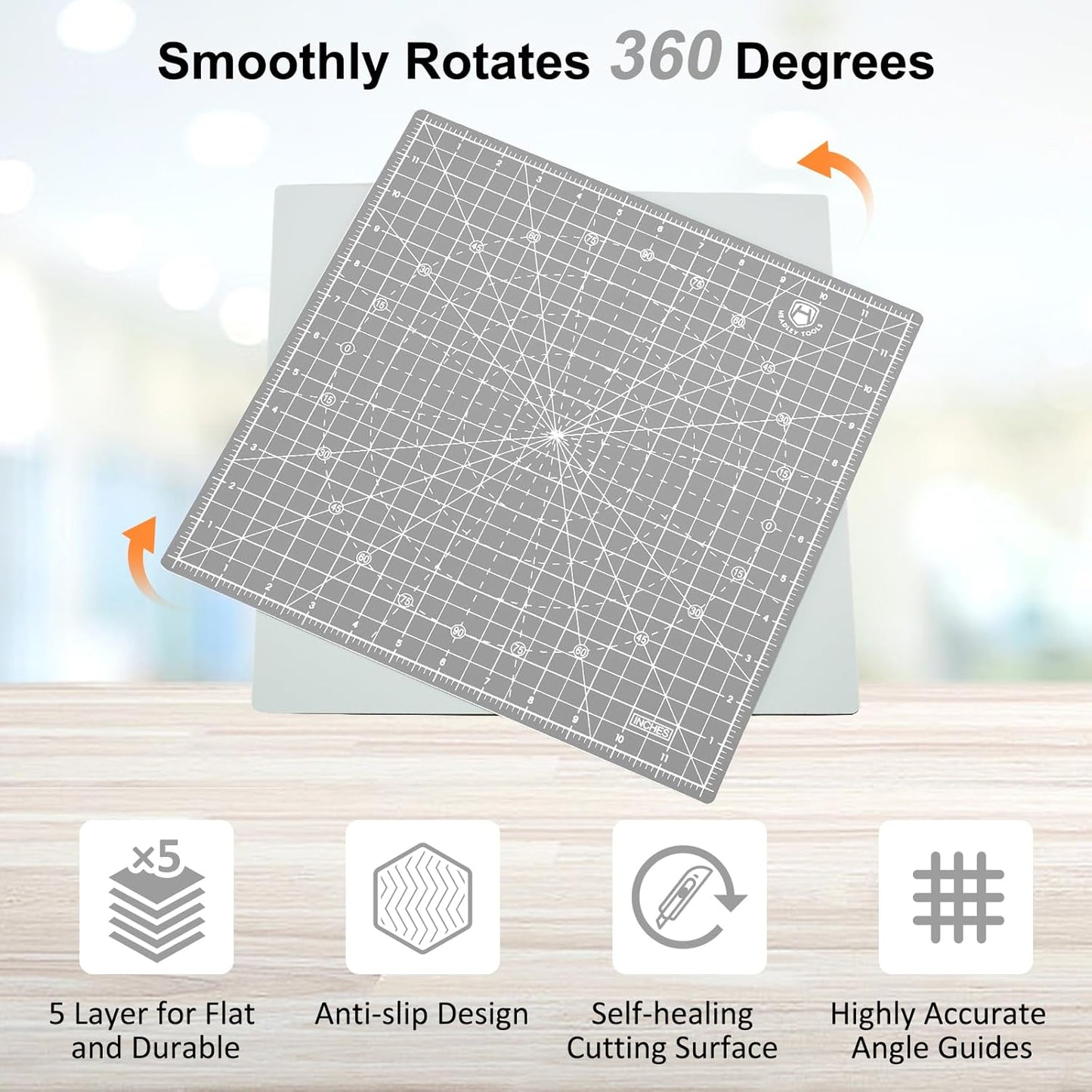 Headley Tools 12"x12" Rotating Cutting Mat, Self Healing Mat with 360-Degree Rotation & Anti-Slip Base, Sewing Board Cutting Mat Perfect for Fabric Quilting Leather Hobby Project, Grey