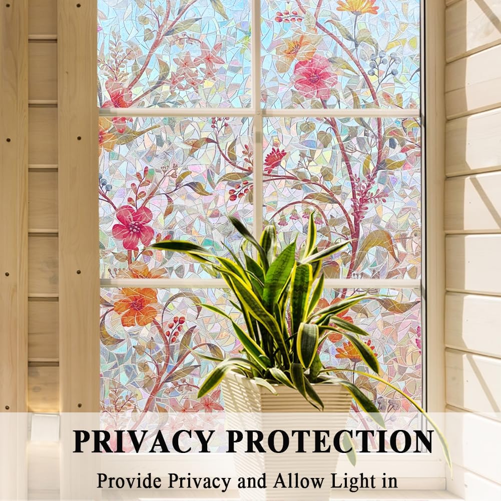 Stained Glass Window Film Static Cling Door Privacy Film Decorative Flowers Red Leaves Window Decals Stickers Heat Control Anti UV for Home and Office,45.2x157 in.