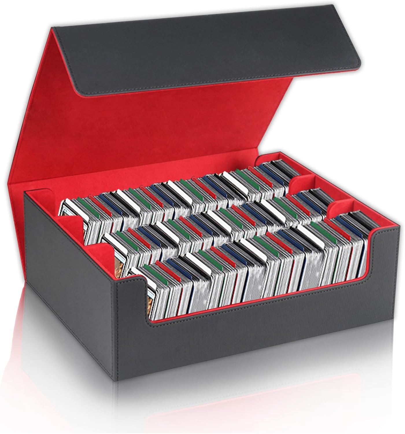 Card Storage Box for Trading Cards，2400+ Leather Magnetic Closure Commander Storage Box,Protectors Fit for YuGiOh, MTG and Sport Cards (Black, red, 2400+)