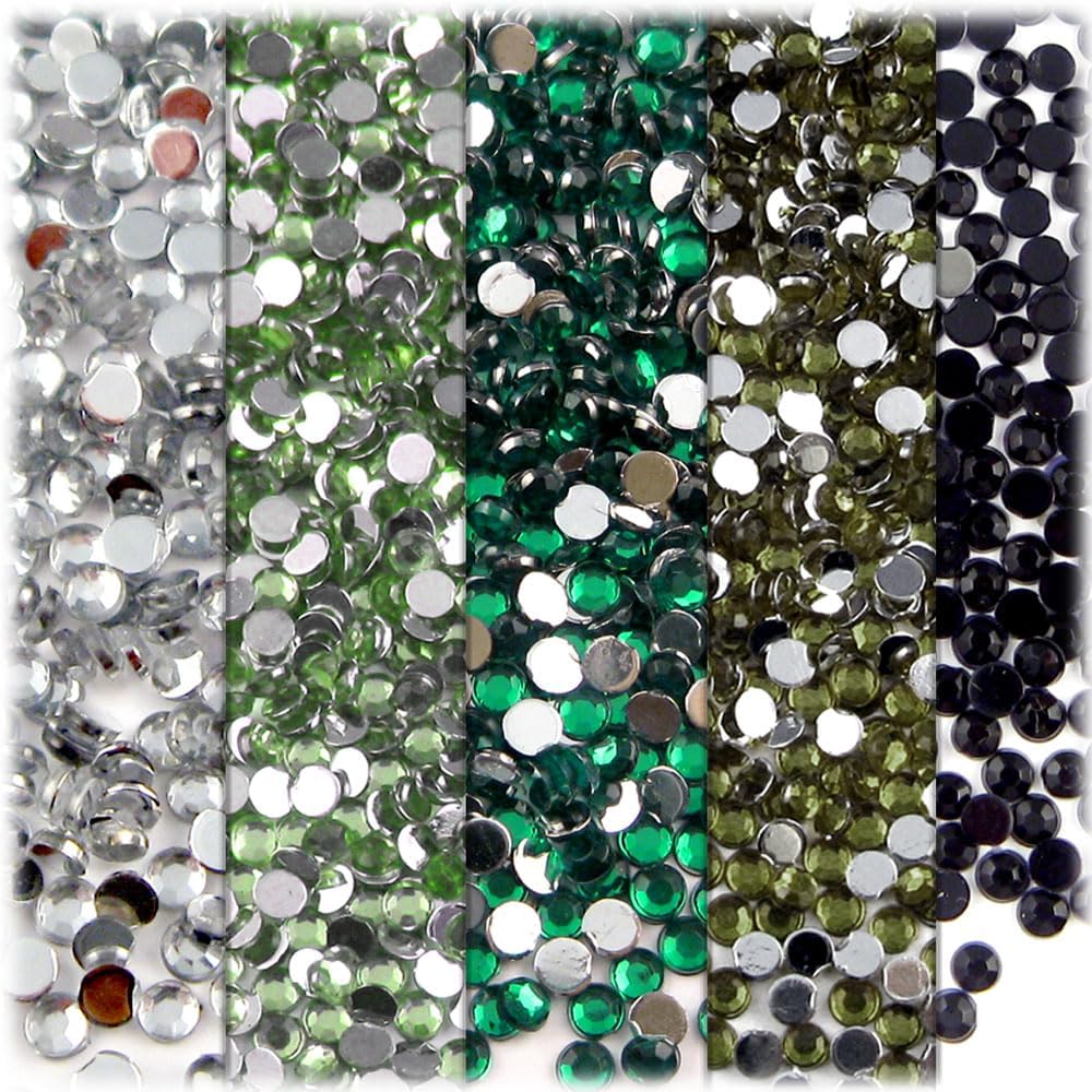 The Crafts Outlet 5-PK Set (7,200-Piece), Round 3mm Rhinestones, Flatback, Green Tones