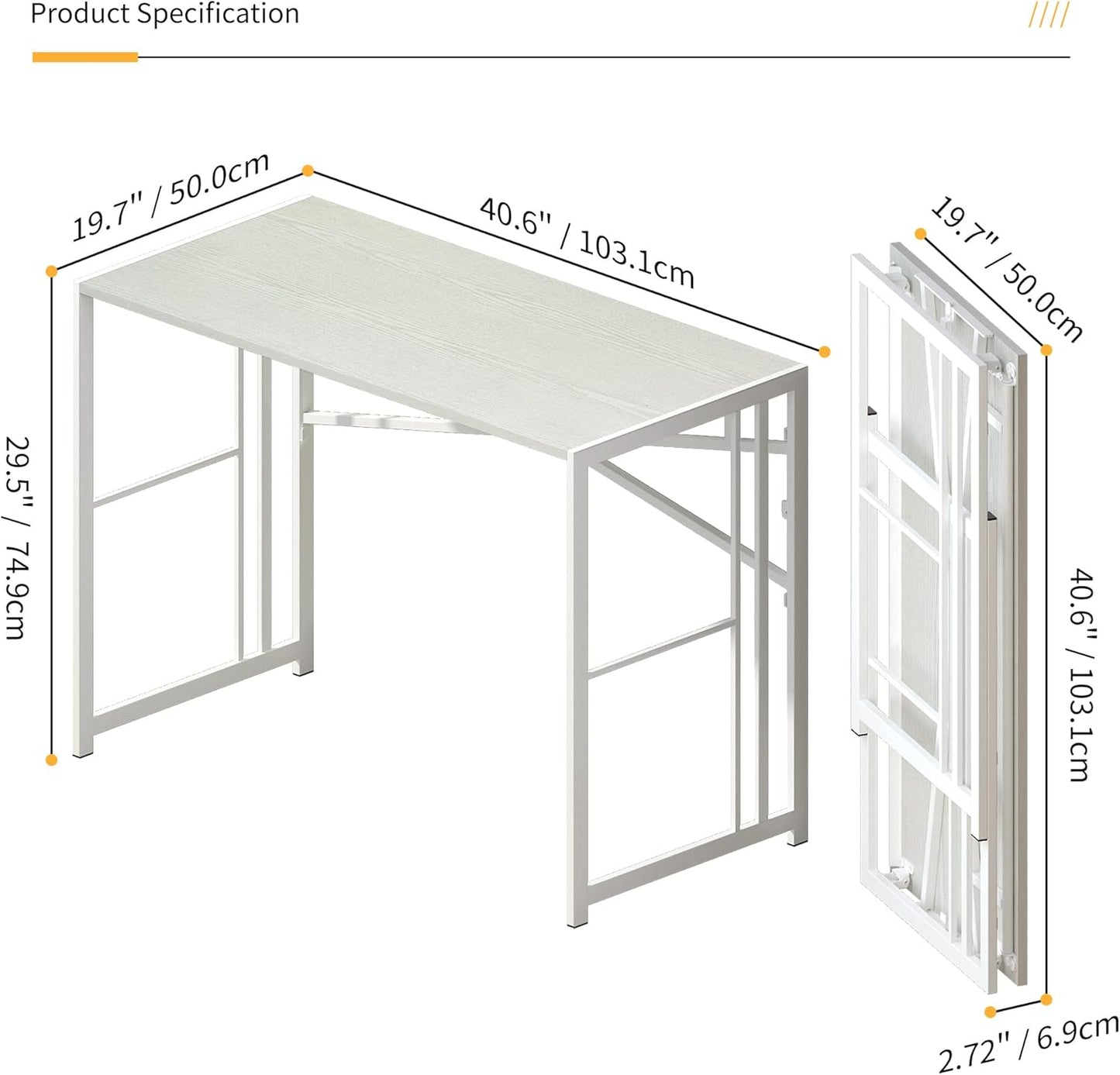 Folding Desk 40 inch Writing Gaming Computer Camping Table, No Assembly Required Home Office Desk, White