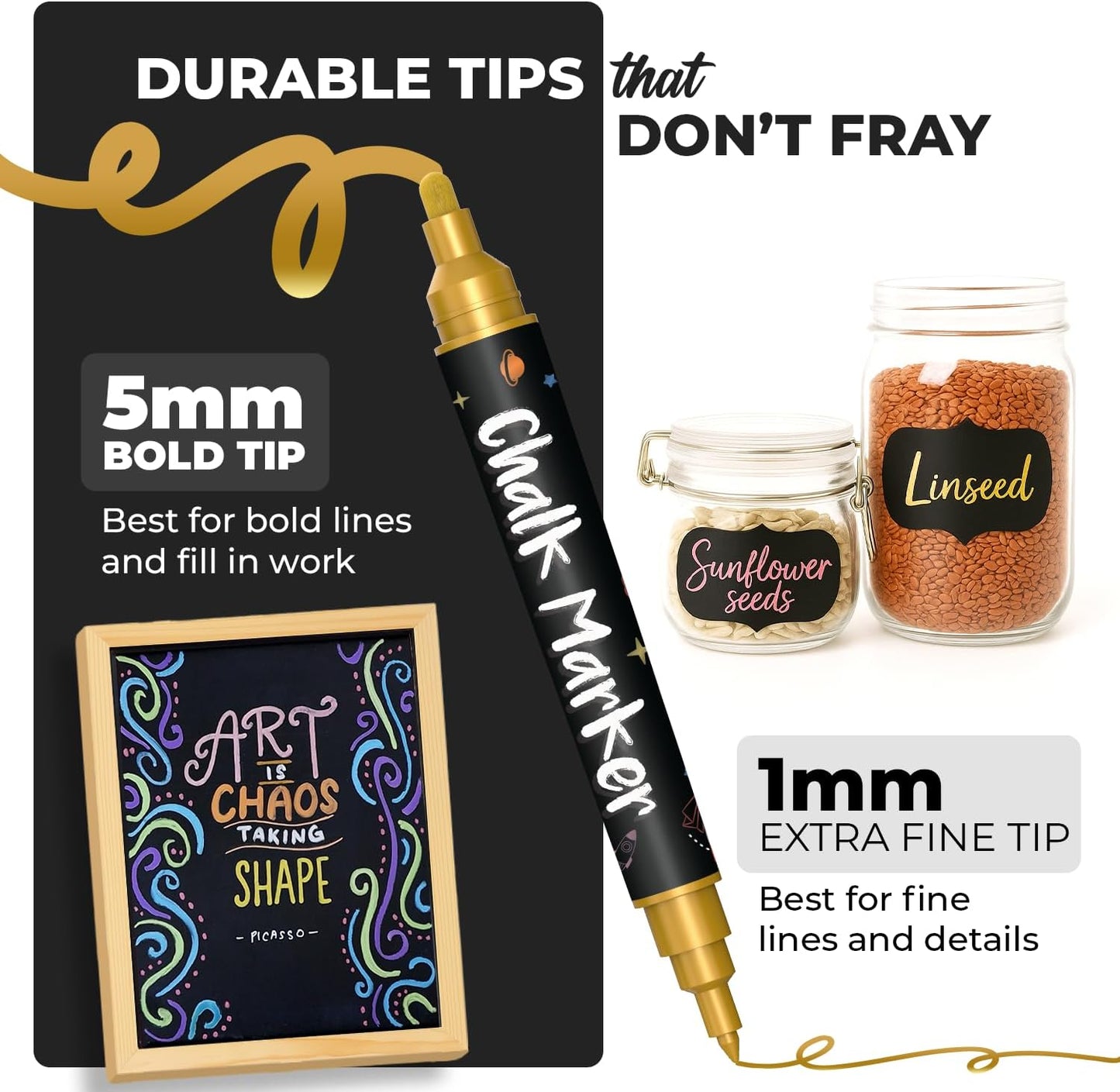 Chalkola Dual Tip Liquid Chalk Markers for Blackboard (10 Metallic Colors, 1mm+5mm Fine, Bold) - Dry Erase Marker Pens for Chalkboards Signs, Car Windows, Glass, Mirrors - Erasable Chalkboard Markers