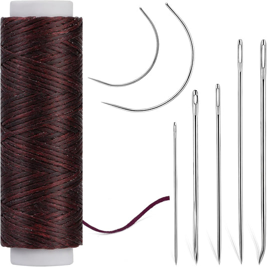 Ftyiwu Waxed Thread, Upholstery Needle and Thread 32 Yards with 7PCS Hand Sewing Needles for Home Upholstery Carpet Canvas Repair Leather Sewing (Red Coffee)
